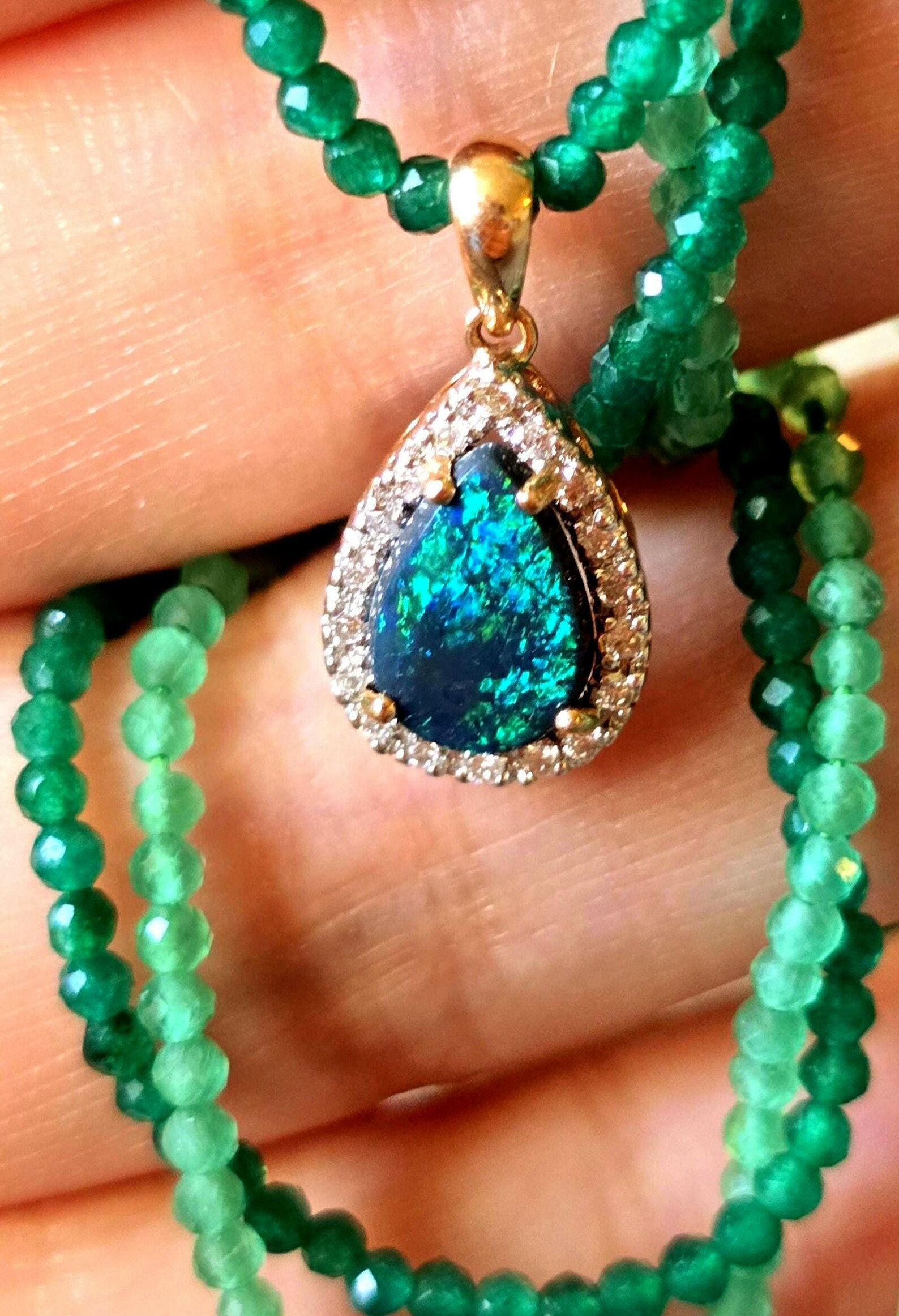 Solid 14k Rose Gold Natural Australian Black Opal Necklace, Solid BLACK OPAL thumbnail 12