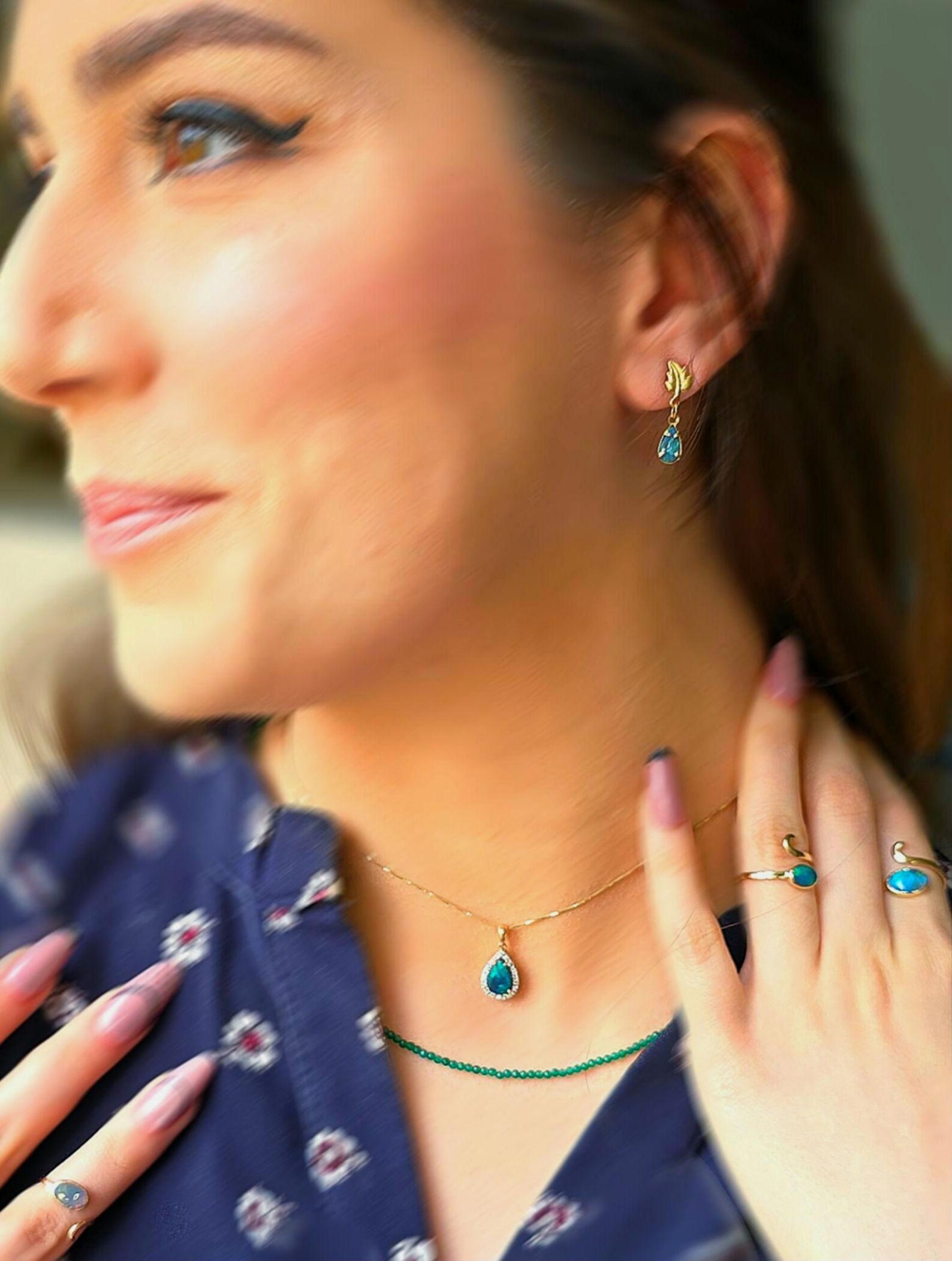 Solid 14k Rose Gold Natural Australian Black Opal Necklace, Solid BLACK OPAL thumbnail 3