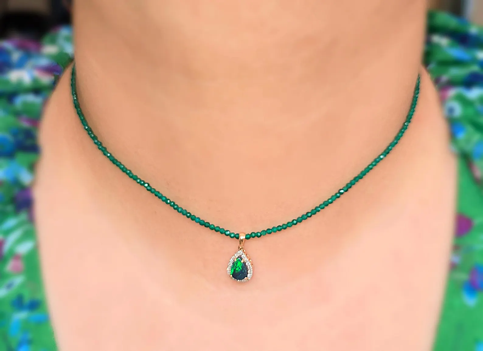 Solid 14k Rose Gold Natural Australian Black Opal Necklace, Solid BLACK OPAL thumbnail 6