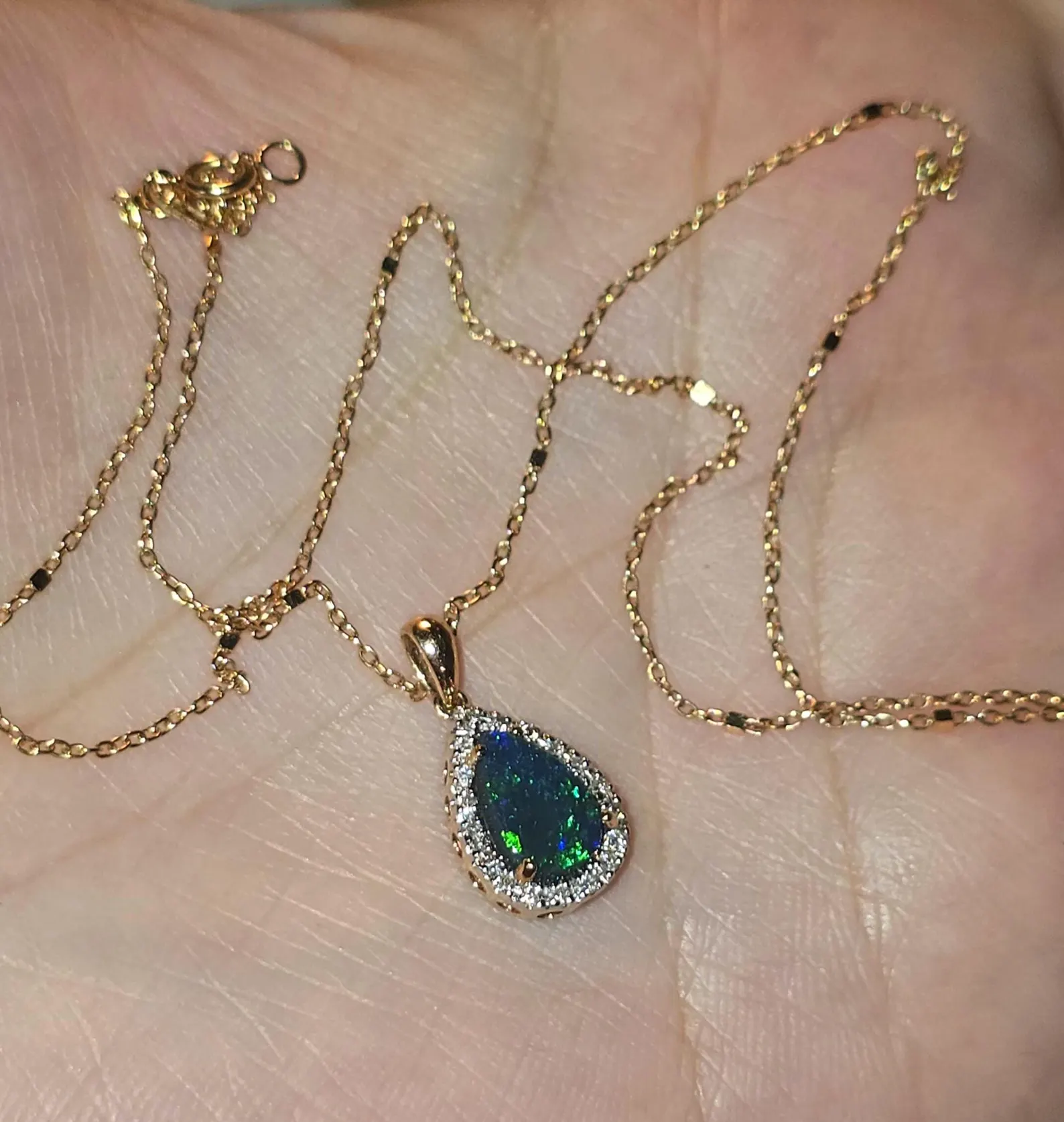 Solid 14k Rose Gold Natural Australian Black Opal Necklace, Solid BLACK OPAL thumbnail 7