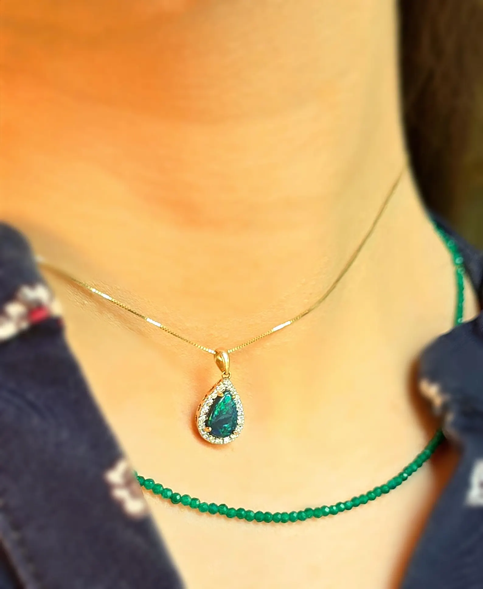 Solid 14k Rose Gold Natural Australian Black Opal Necklace, Solid BLACK OPAL thumbnail 9