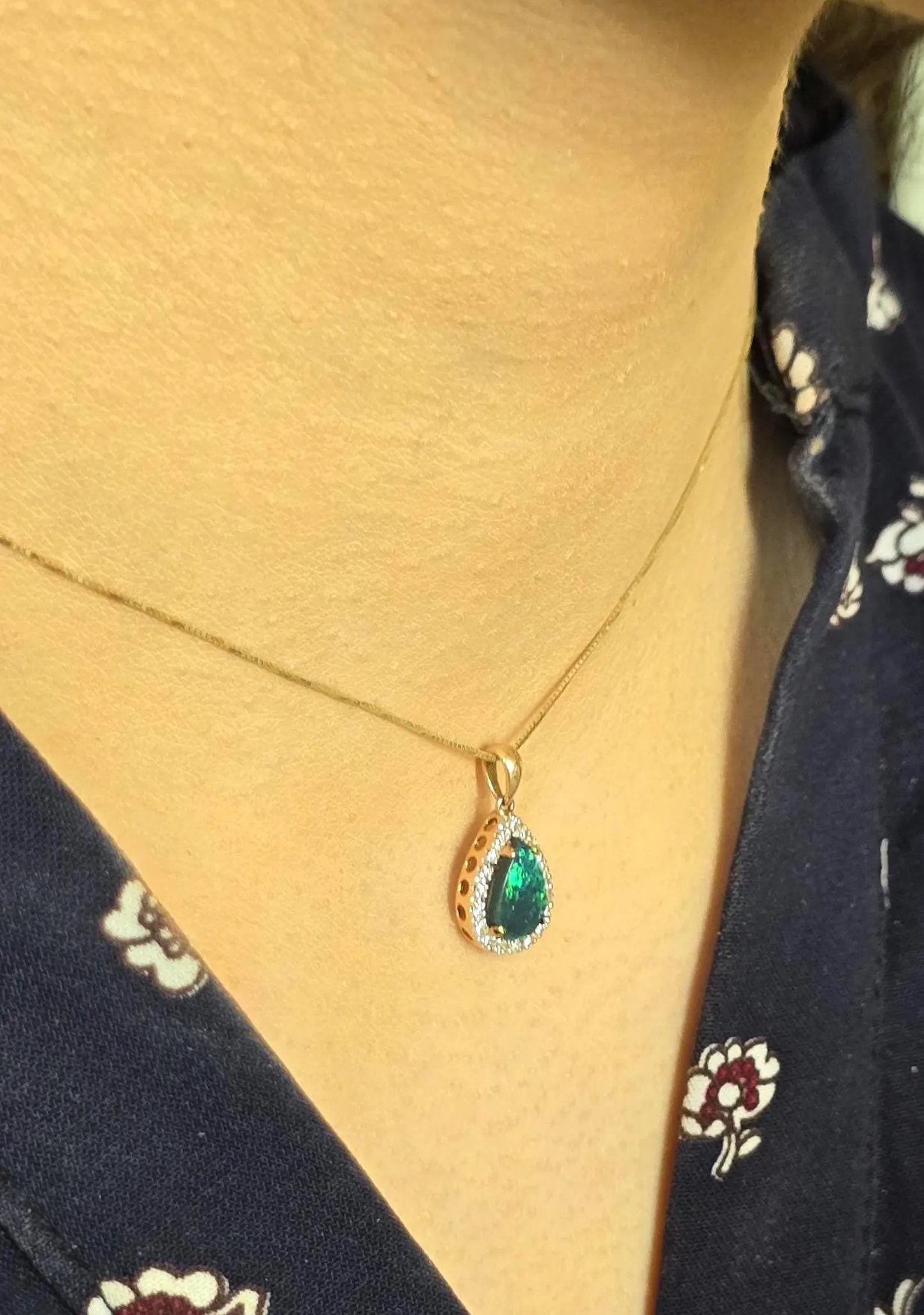 Solid 14k Rose Gold Natural Australian Black Opal Necklace, Solid BLACK OPAL thumbnail 18