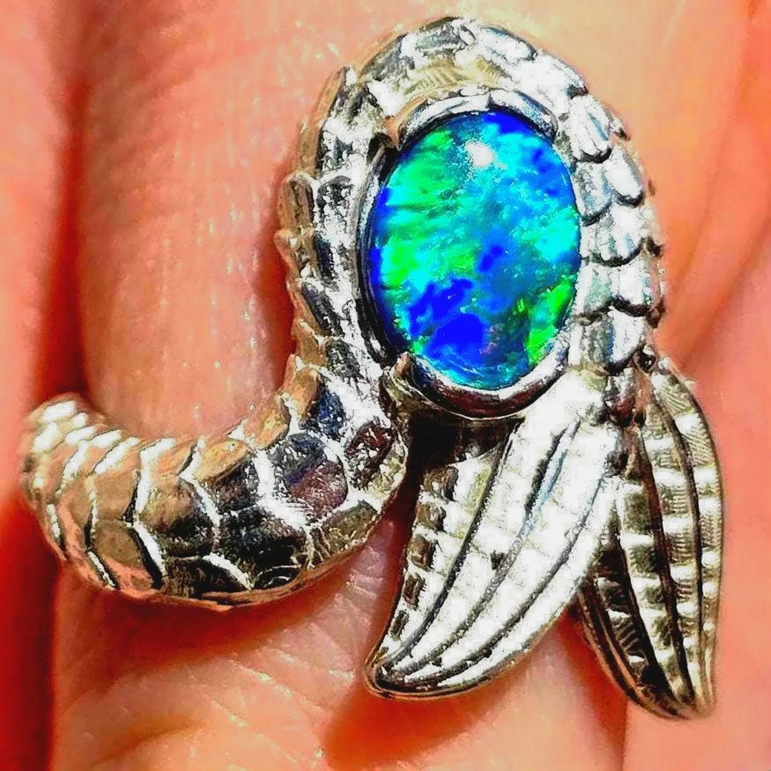 Natural Australian Opal Ring 925 Silver, Mermaid ring, Genuine Black Opal Ring, Blue Unique Women Boho Pinky Midi Stacking ring