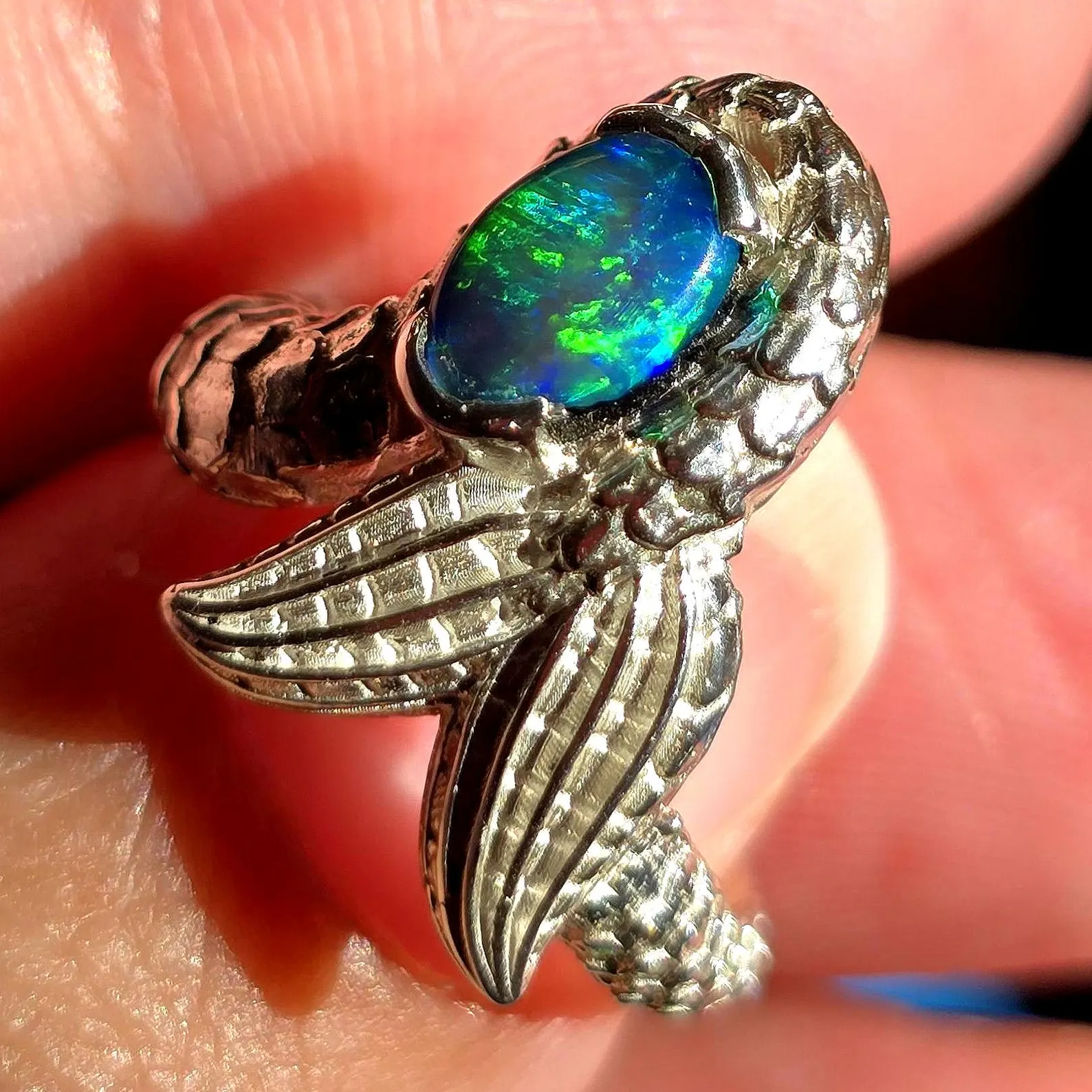 Natural Australian Opal Ring 925 Silver, Mermaid ring, Genuine Black Opal Ring, Blue Unique Women Boho Pinky Midi Stacking ring thumbnail 15