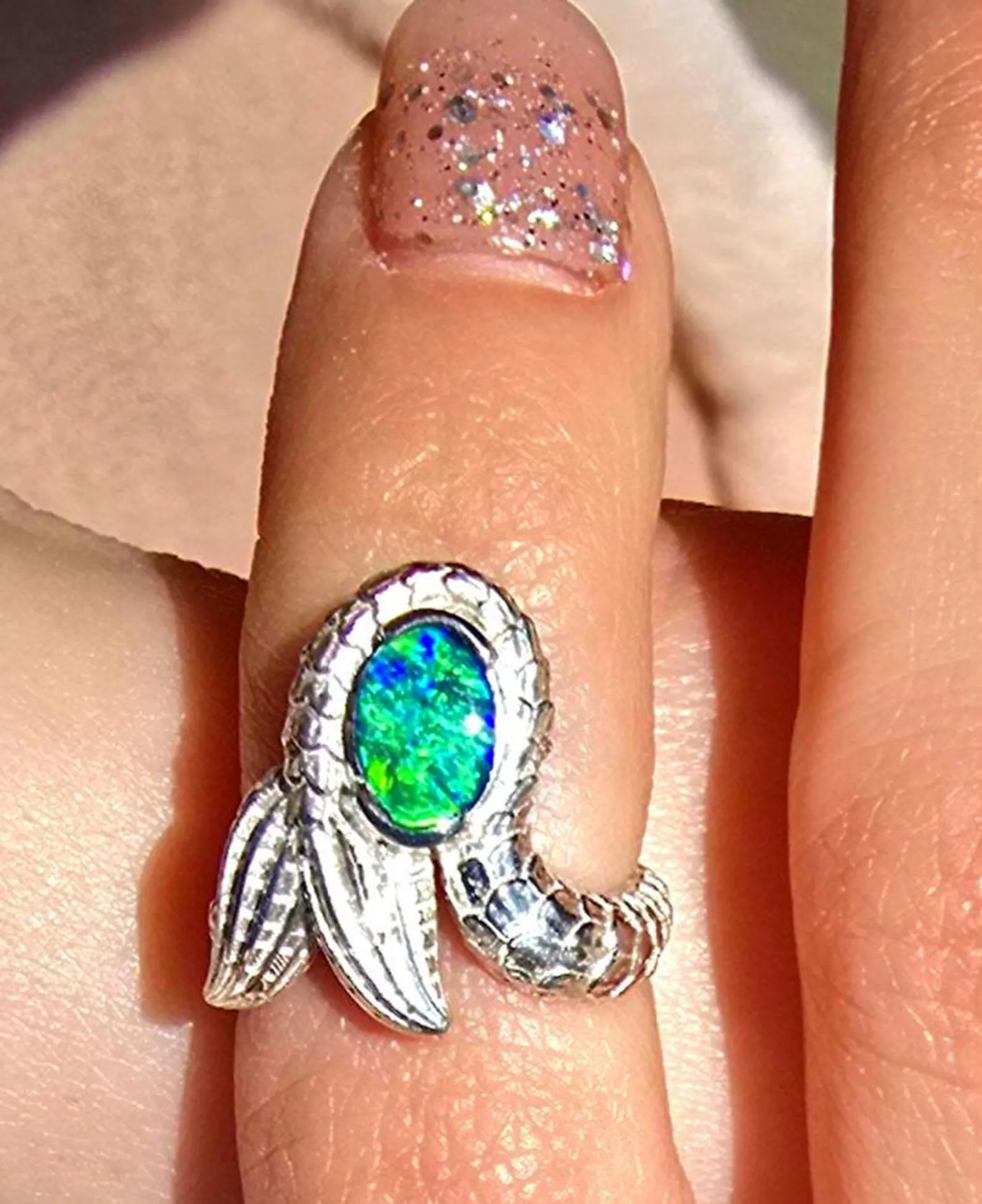 Natural Australian Opal Ring 925 Silver, Mermaid ring, Genuine Black Opal Ring, Blue Unique Women Boho Pinky Midi Stacking ring thumbnail 13