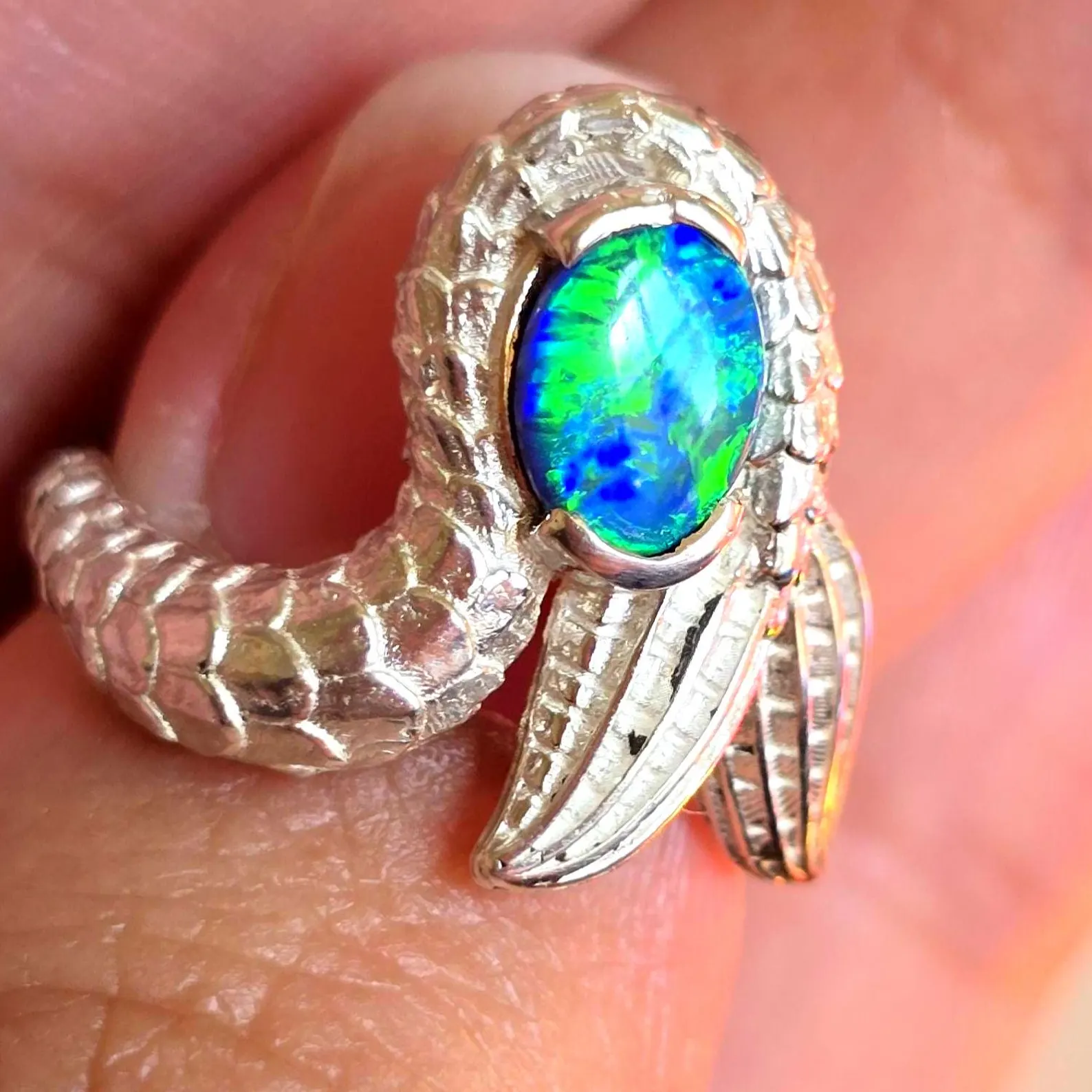 Natural Australian Opal Ring 925 Silver, Mermaid ring, Genuine Black Opal Ring, Blue Unique Women Boho Pinky Midi Stacking ring thumbnail 6