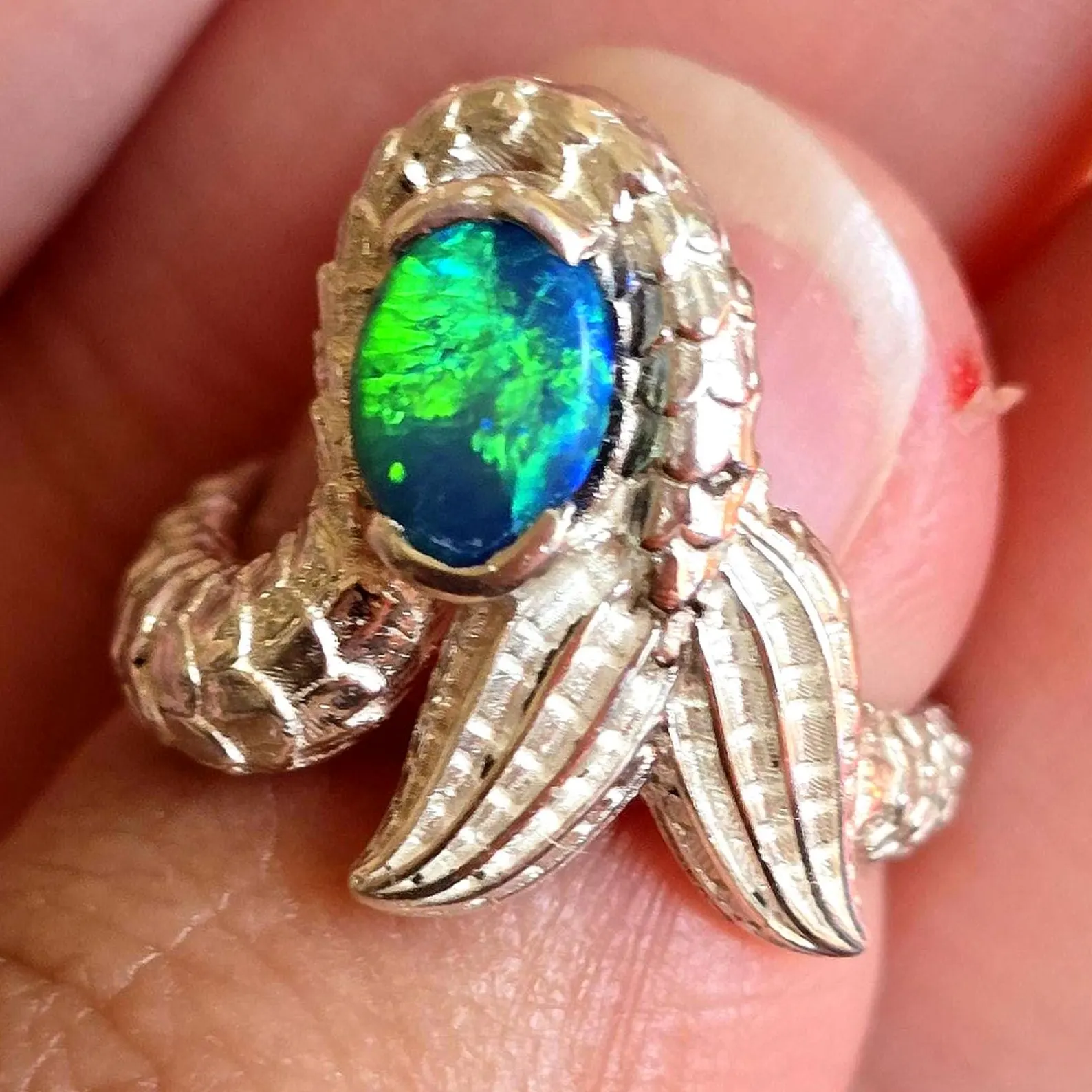 Natural Australian Opal Ring 925 Silver, Mermaid ring, Genuine Black Opal Ring, Blue Unique Women Boho Pinky Midi Stacking ring thumbnail 9