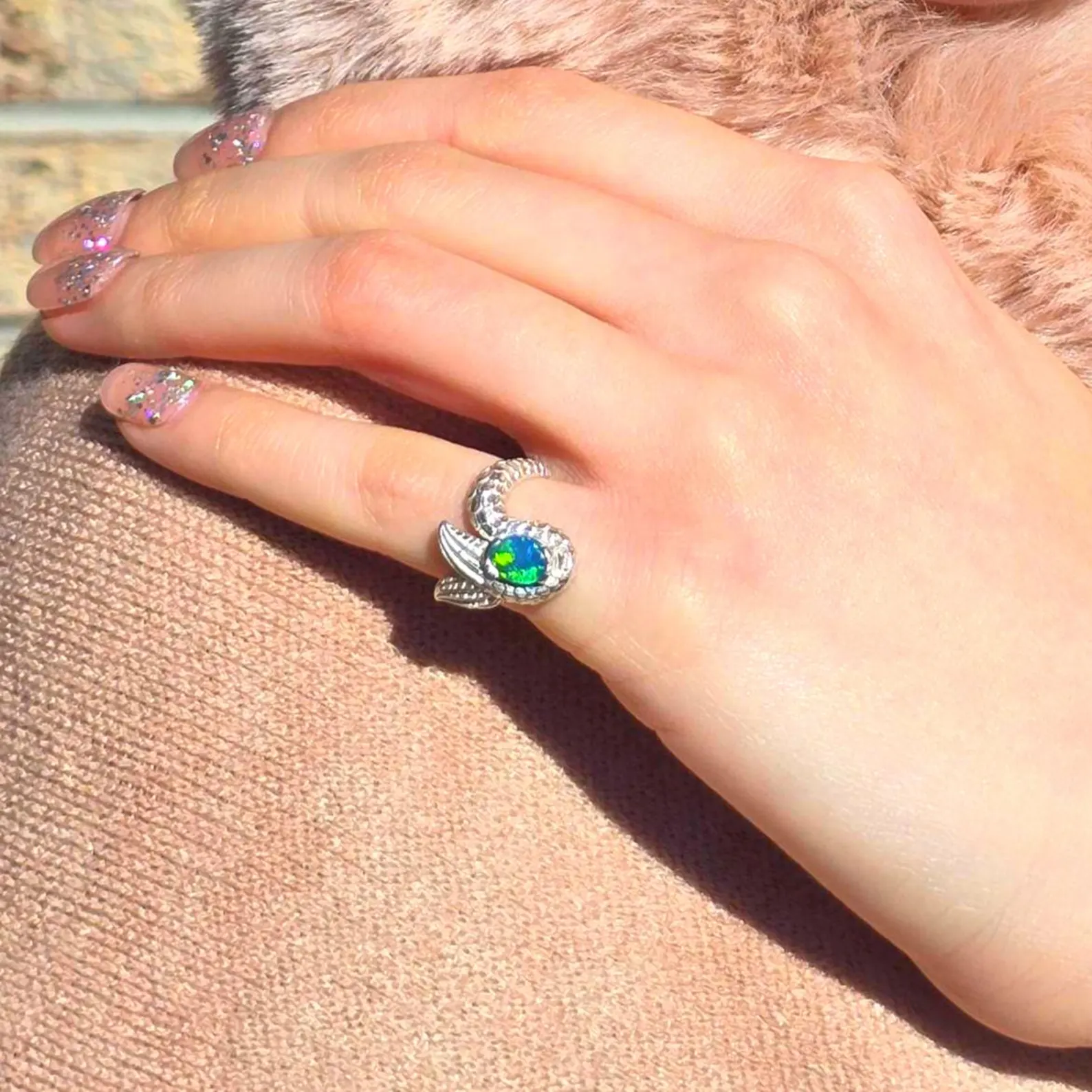 Natural Australian Opal Ring 925 Silver, Mermaid ring, Genuine Black Opal Ring, Blue Unique Women Boho Pinky Midi Stacking ring thumbnail 7