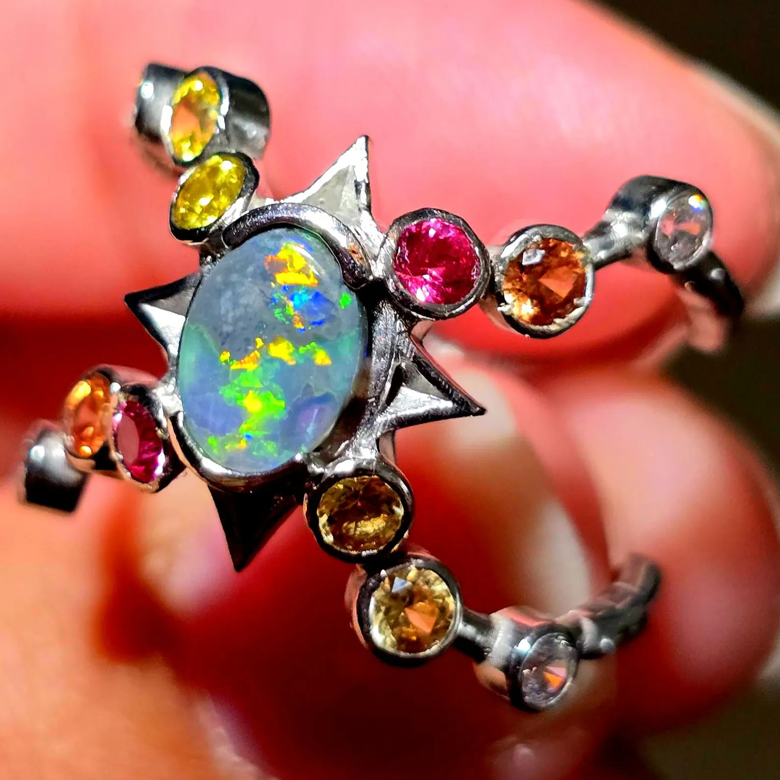 Star Planet, Natural Australian Opal Ring, 925 Silver, Sapphire, Size 6 thumbnail 10
