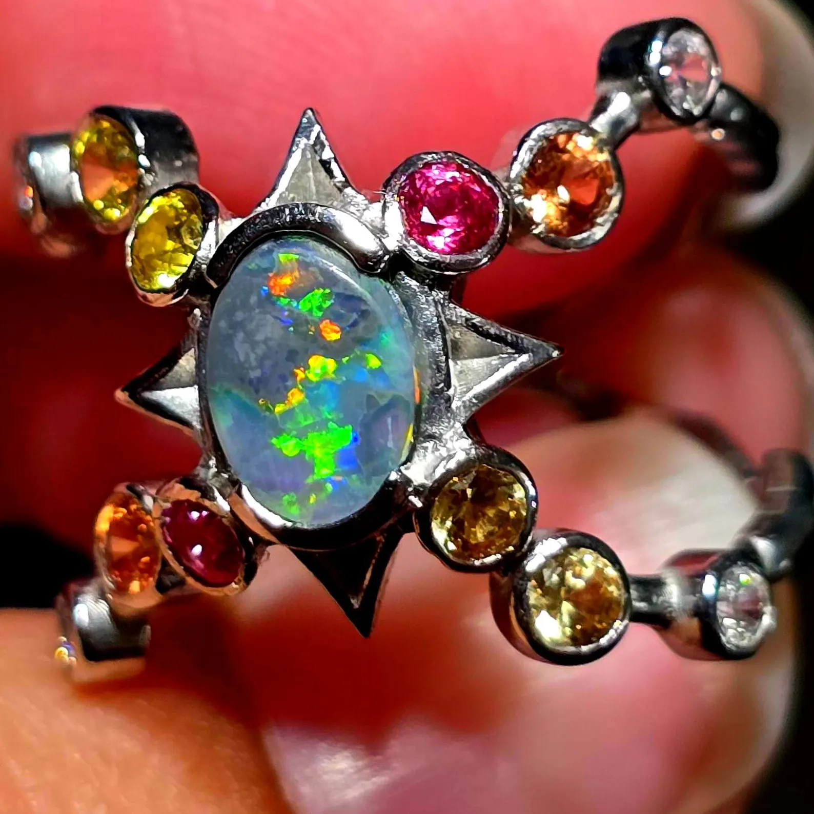 Star Planet, Natural Australian Opal Ring, 925 Silver, Sapphire, Size 6 thumbnail 5