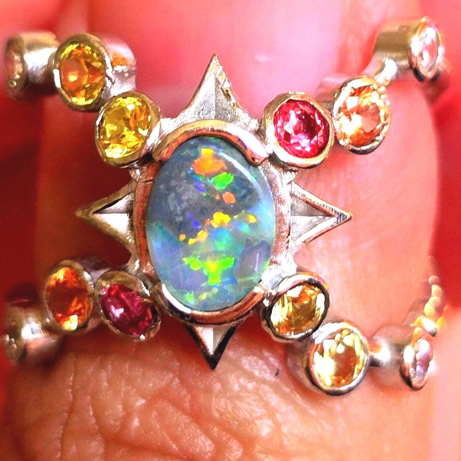 Star Planet, Natural Australian Opal Ring, 925 Silver, Sapphire, Size 6