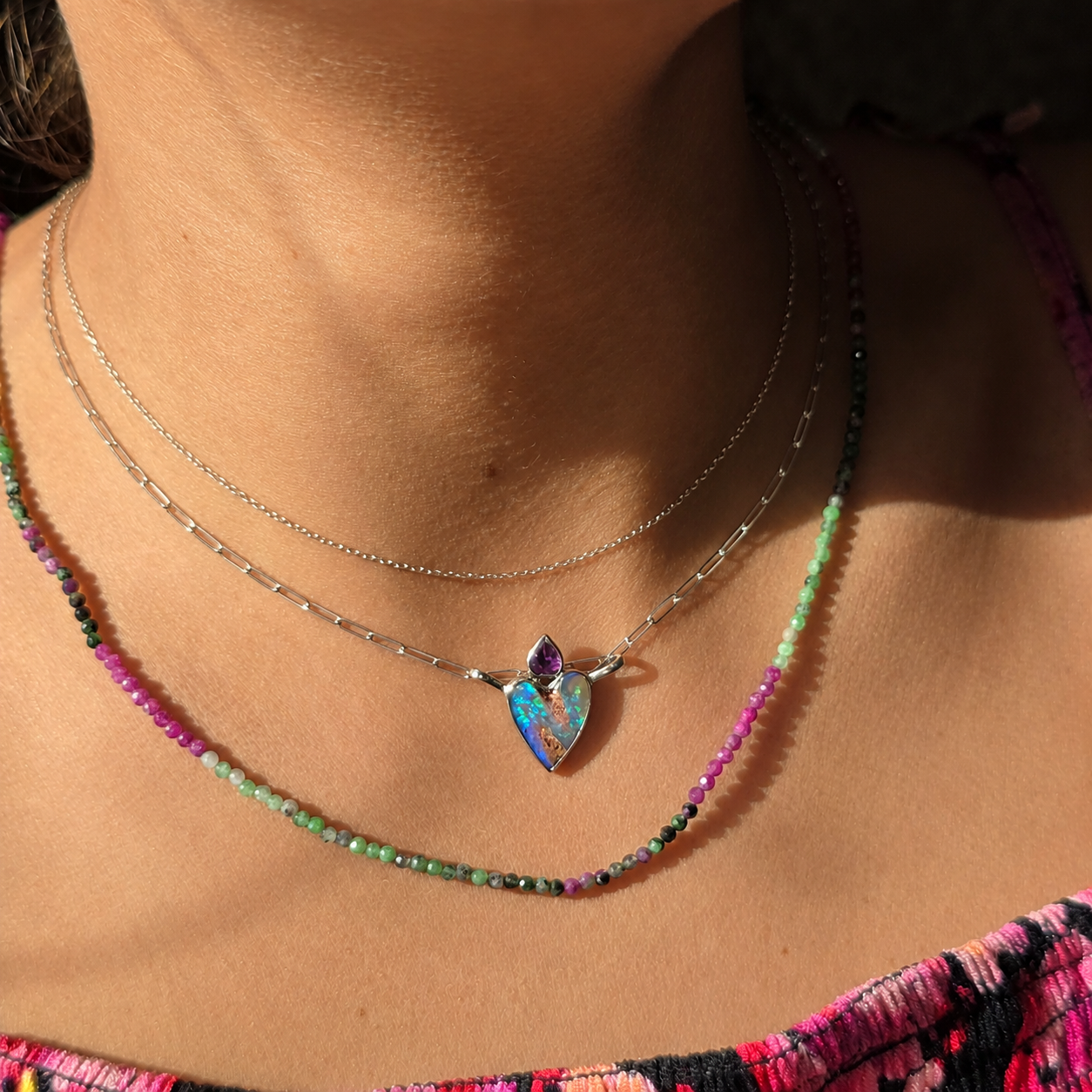 Natural Australian Opal Heart Necklace Silver 925, Purple Tourmaline, Genuine Blue Pipe Boulder Opal Pendant thumbnail 7
