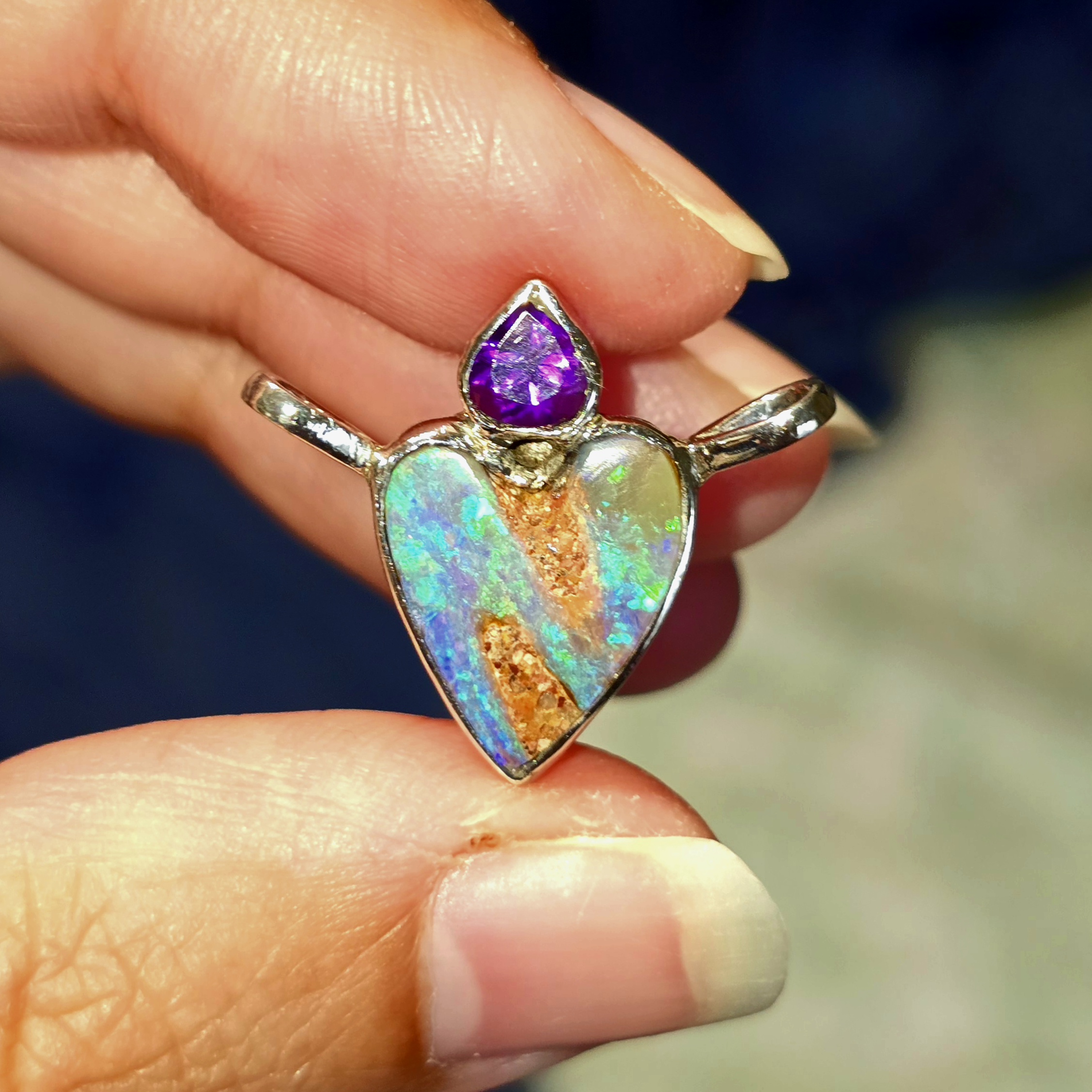 Natural Australian Opal Heart Necklace Silver 925, Purple Tourmaline, Genuine Blue Pipe Boulder Opal Pendant thumbnail 11
