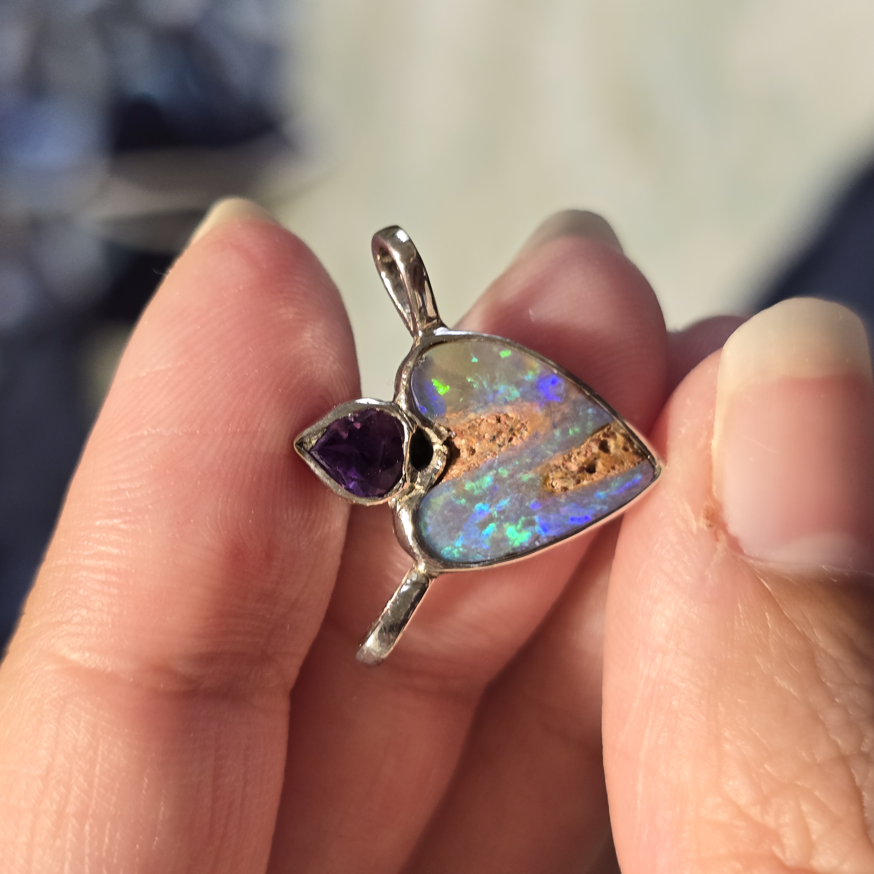 Natural Australian Opal Heart Necklace Silver 925, Purple Tourmaline, Genuine Blue Pipe Boulder Opal Pendant thumbnail 13