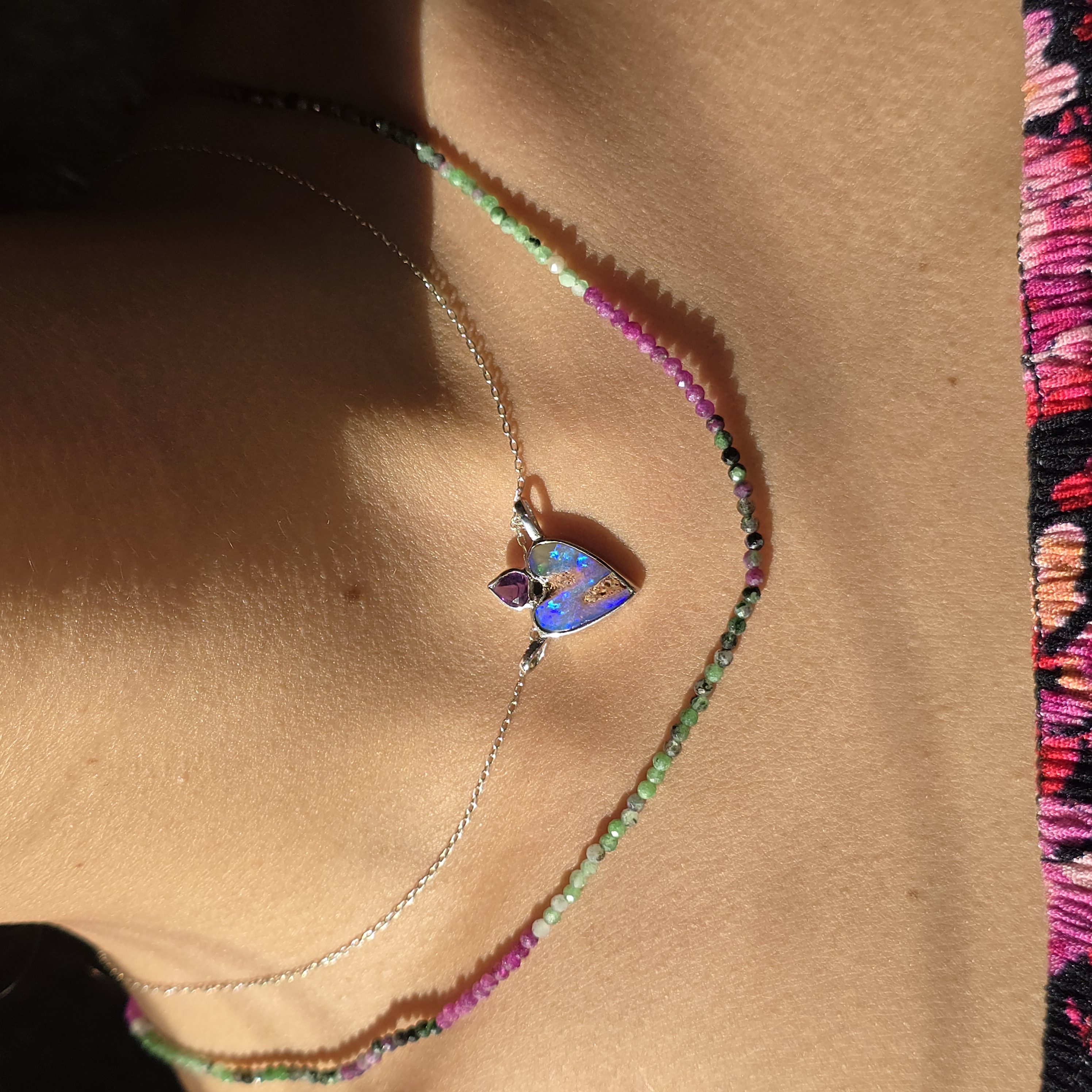 Natural Australian Opal Heart Necklace Silver 925, Purple Tourmaline, Genuine Blue Pipe Boulder Opal Pendant thumbnail 9