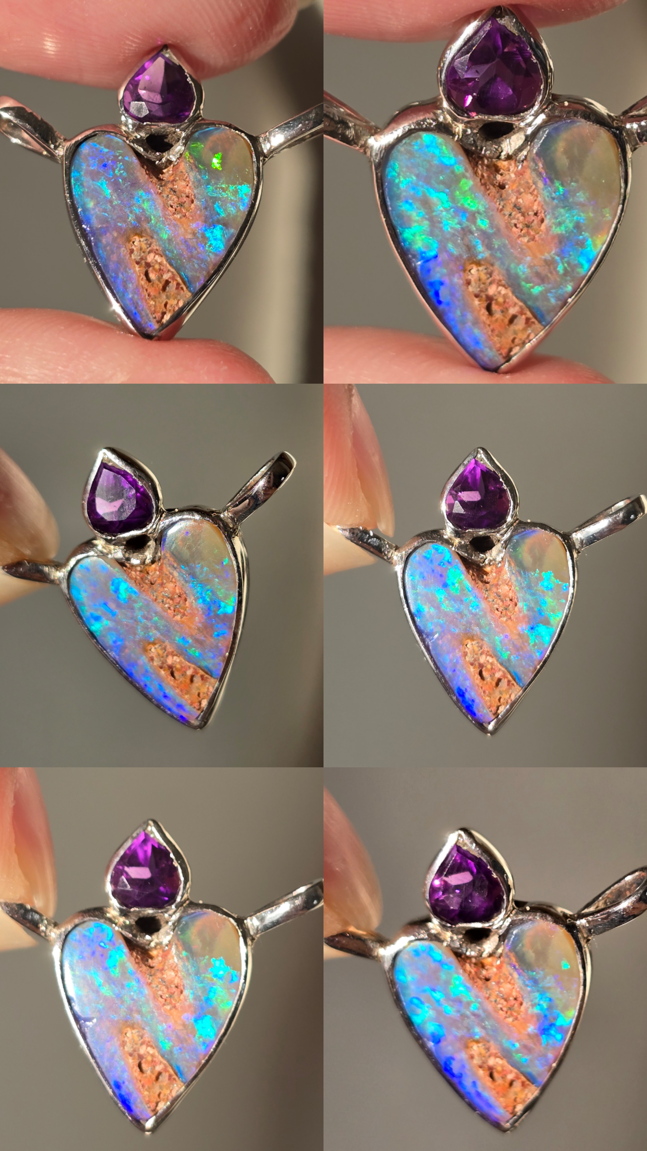 Natural Australian Opal Heart Necklace Silver 925, Purple Tourmaline, Genuine Blue Pipe Boulder Opal Pendant thumbnail 5