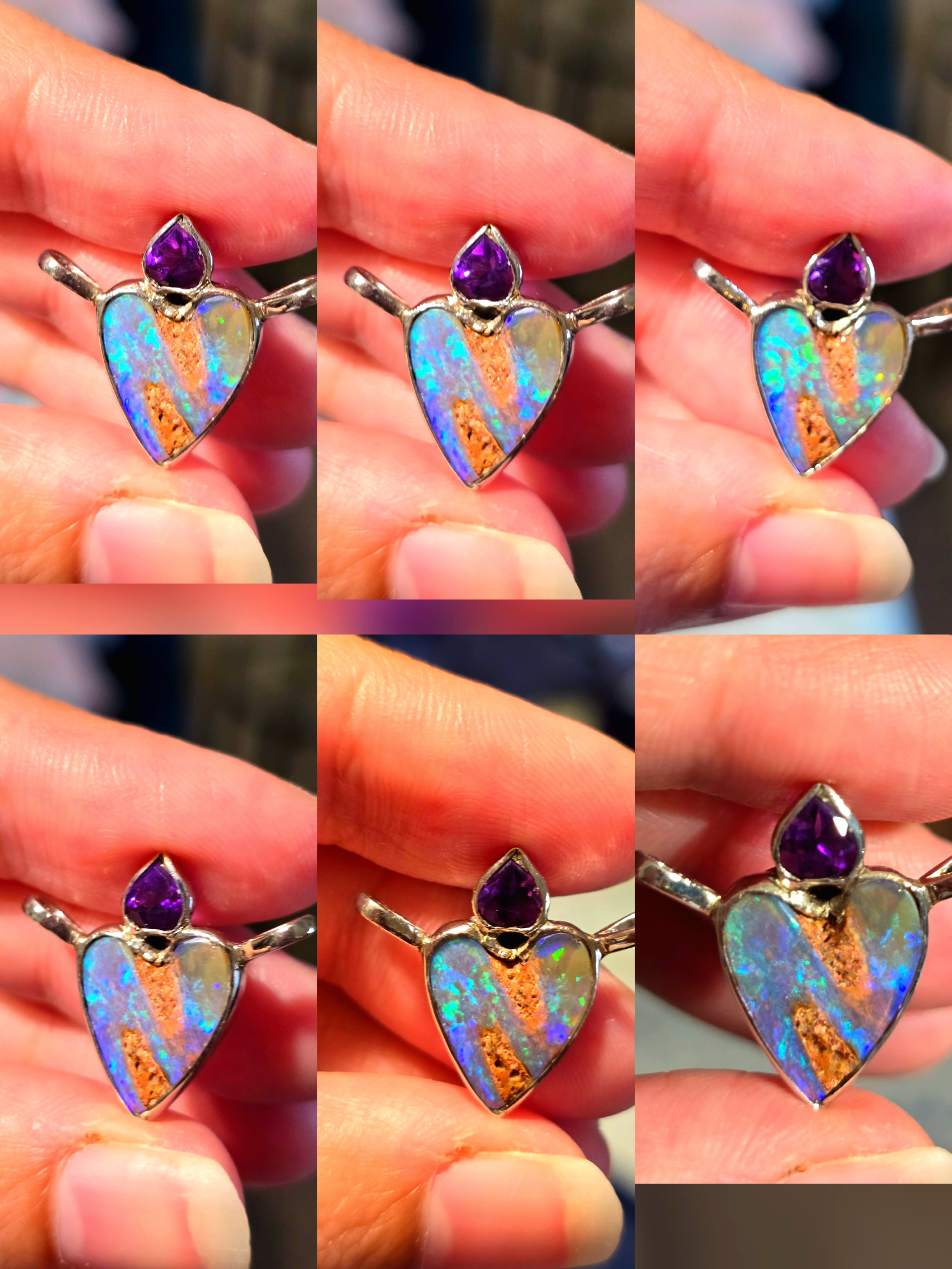 Natural Australian Opal Heart Necklace Silver 925, Purple Tourmaline, Genuine Blue Pipe Boulder Opal Pendant thumbnail 6
