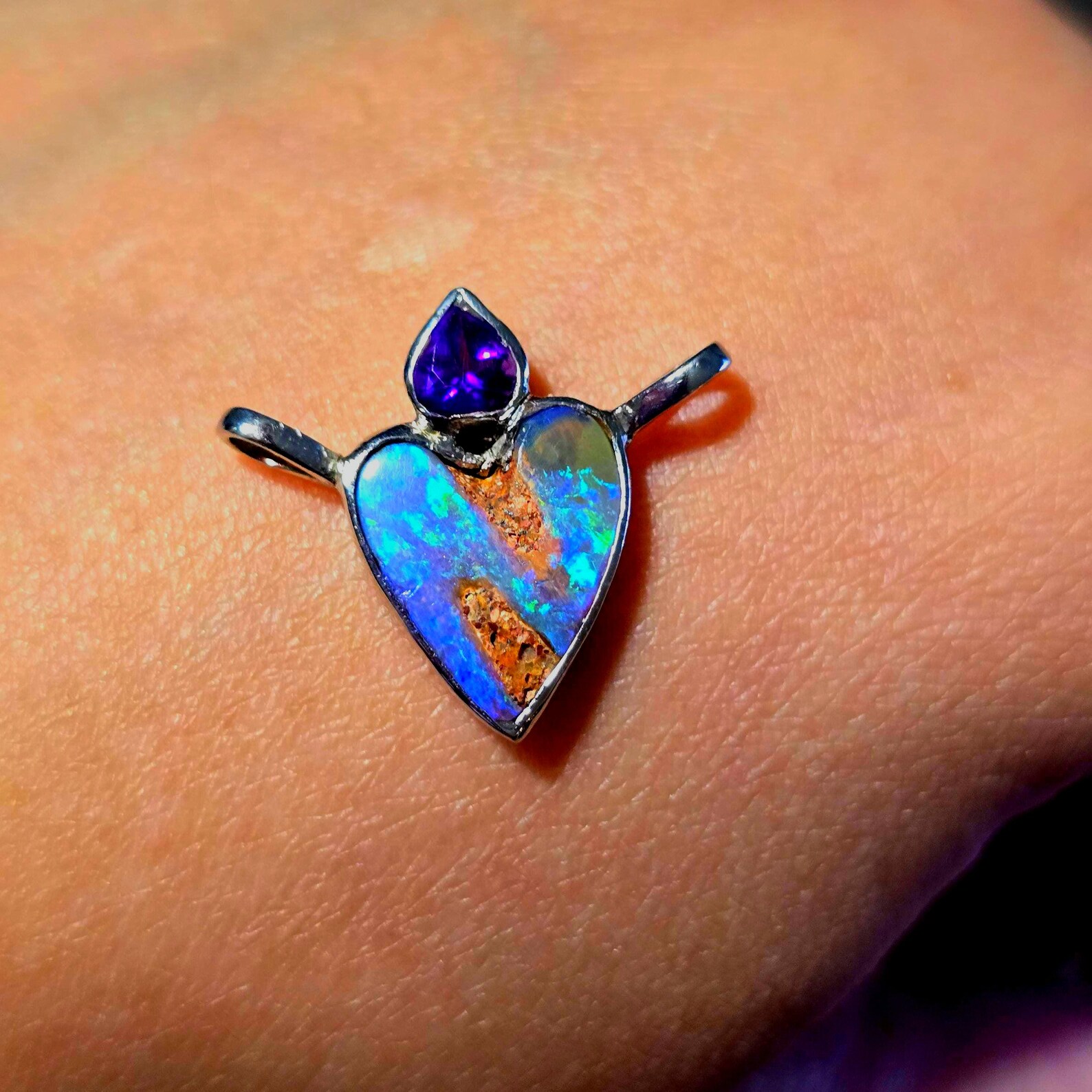 Natural Australian Opal Heart Necklace Silver 925, Purple Tourmaline, Genuine Blue Pipe Boulder Opal Pendant thumbnail 10