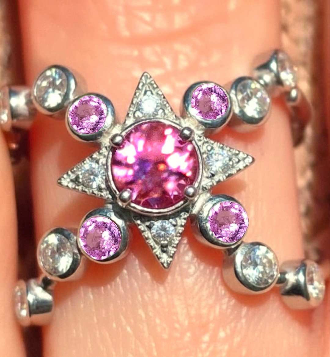 Custom Natural Pink Tourmaline Ring, 925 Silver, Sapphire, Moissanite, 