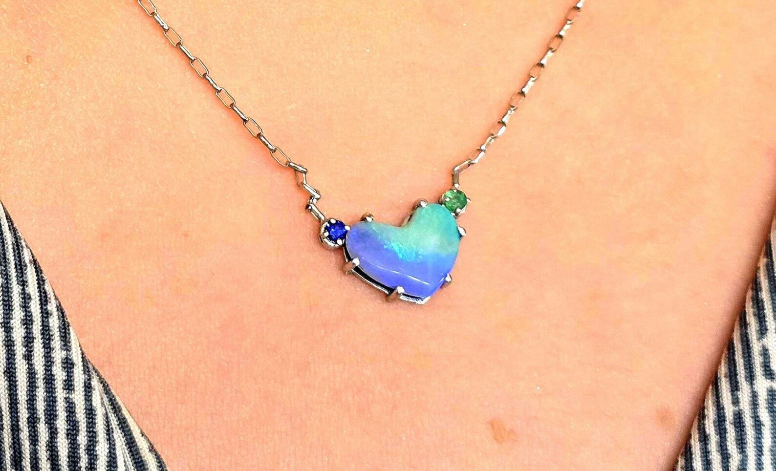 Natural Australian Opal Heart Necklace, Emerald 925 Silver, Purple Opal Pendant, Genuine Opal Jewelry October Birthstone Women Lavender Opal thumbnail 15