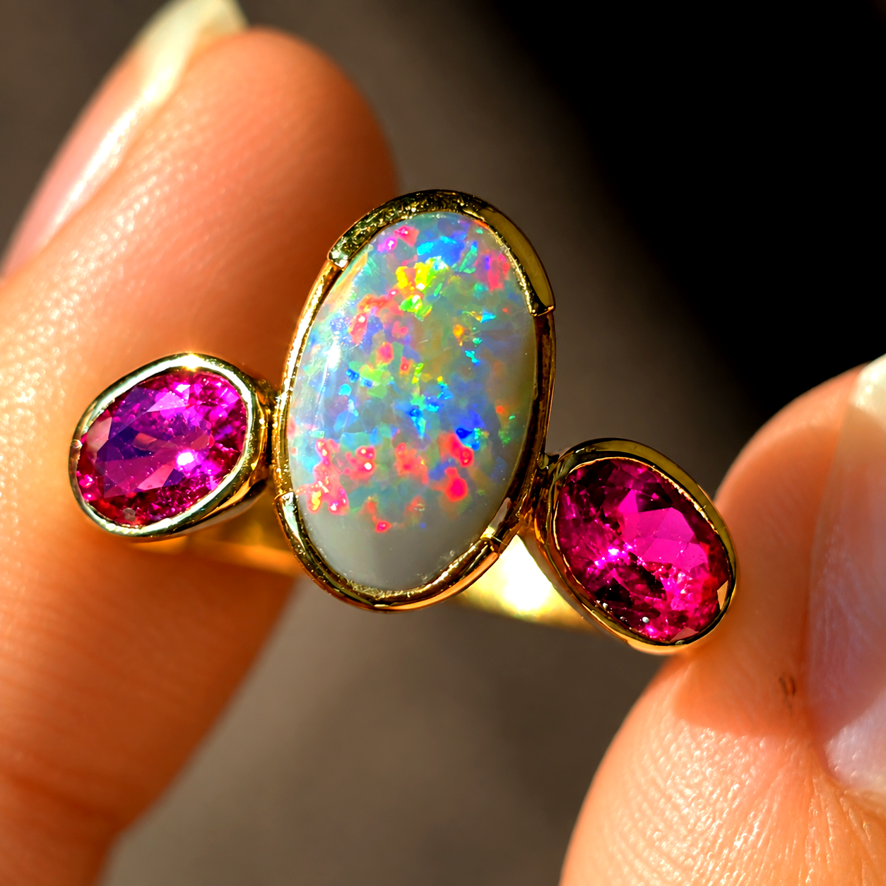 Goddess - Solid 10k Gold Natural Australian Dark Opal Ring, Pink Sapphire & Tourmaline, Size 7 thumbnail 16