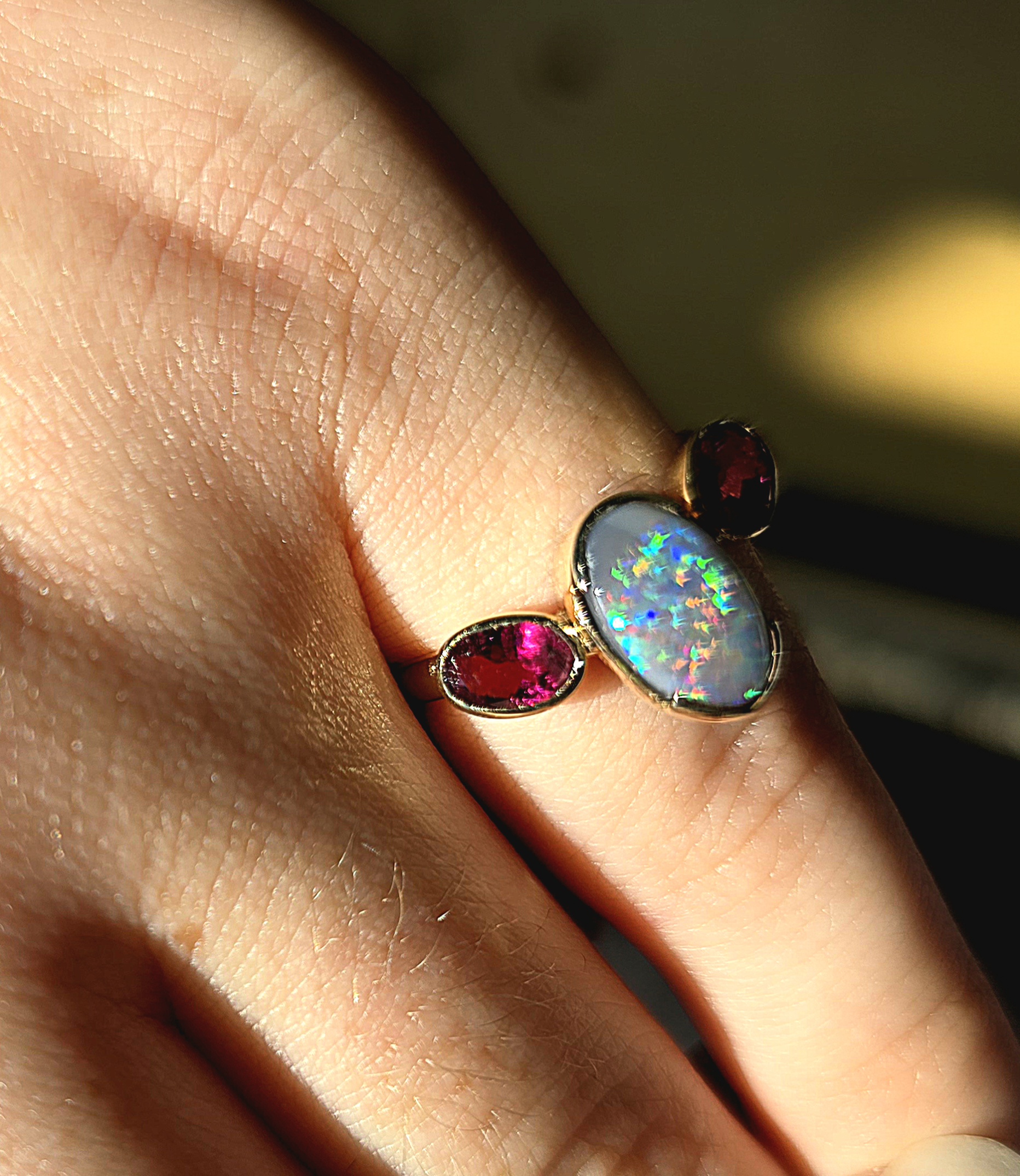 Goddess - Solid 10k Gold Natural Australian Dark Opal Ring, Pink Sapphire & Tourmaline, Size 7 thumbnail 4