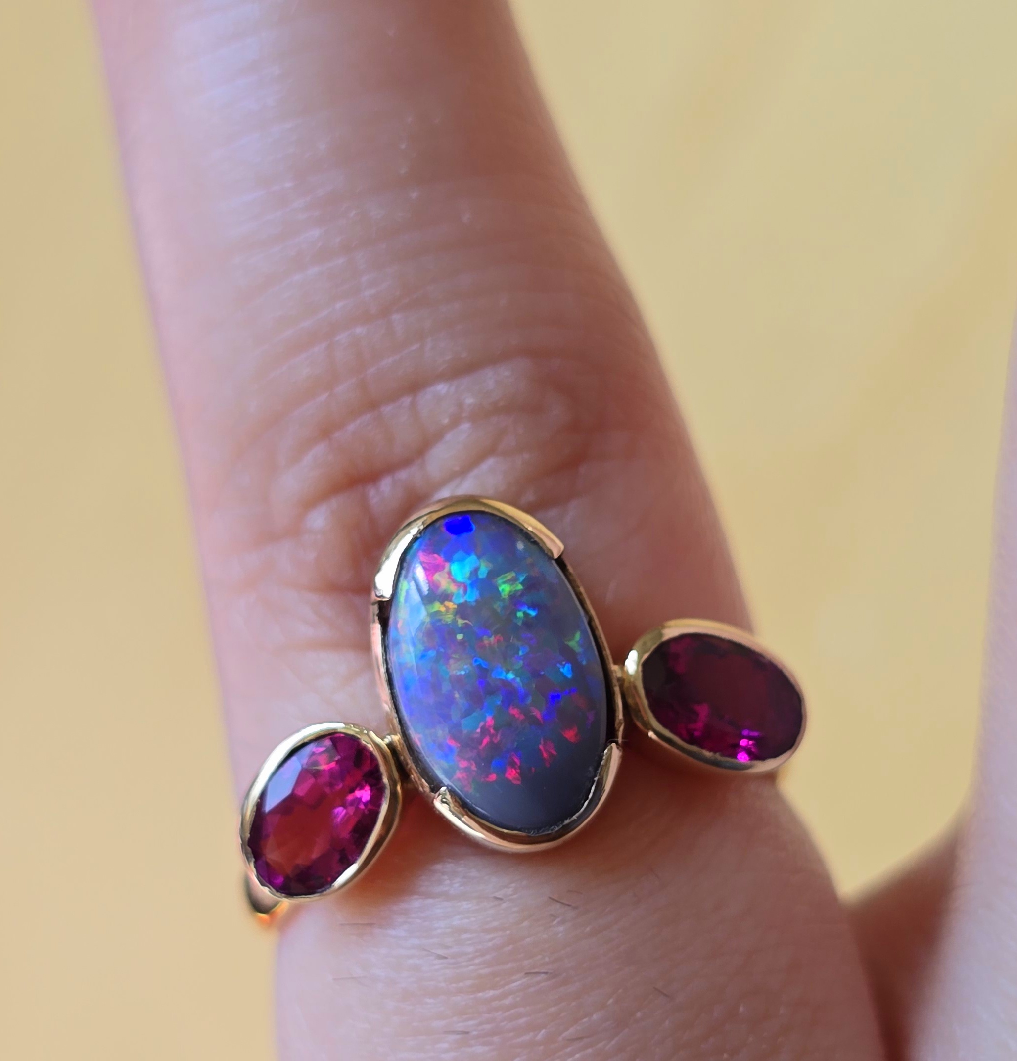 Goddess - Solid 10k Gold Natural Australian Dark Opal Ring, Pink Sapphire & Tourmaline, Size 7 thumbnail 15