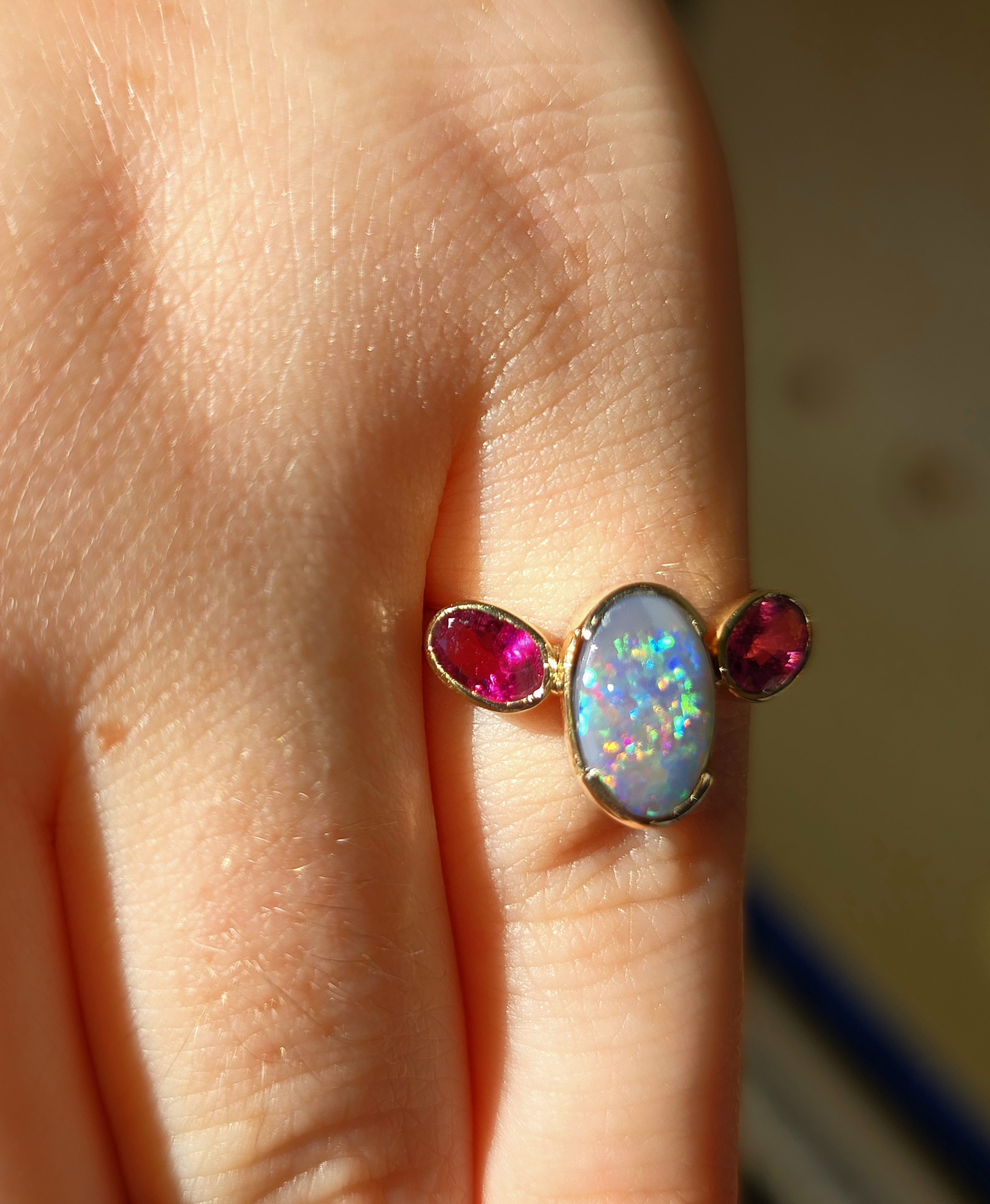 Goddess - Solid 10k Gold Natural Australian Dark Opal Ring, Pink Sapphire & Tourmaline, Size 7 thumbnail 13