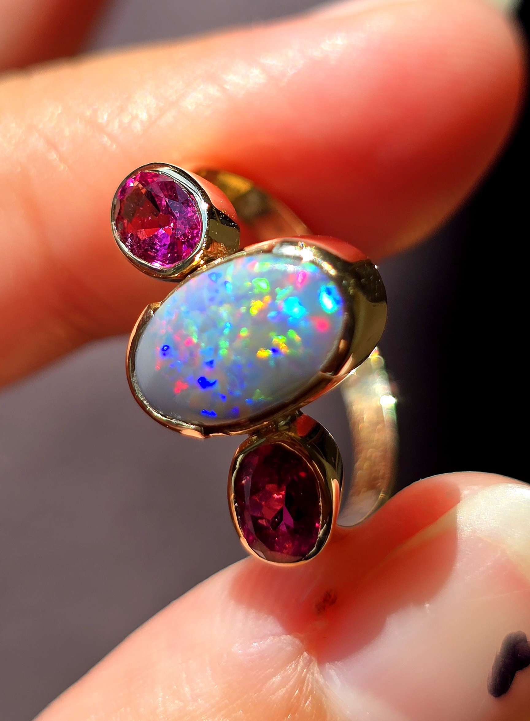 Goddess - Solid 10k Gold Natural Australian Dark Opal Ring, Pink Sapphire & Tourmaline, Size 7 thumbnail 7