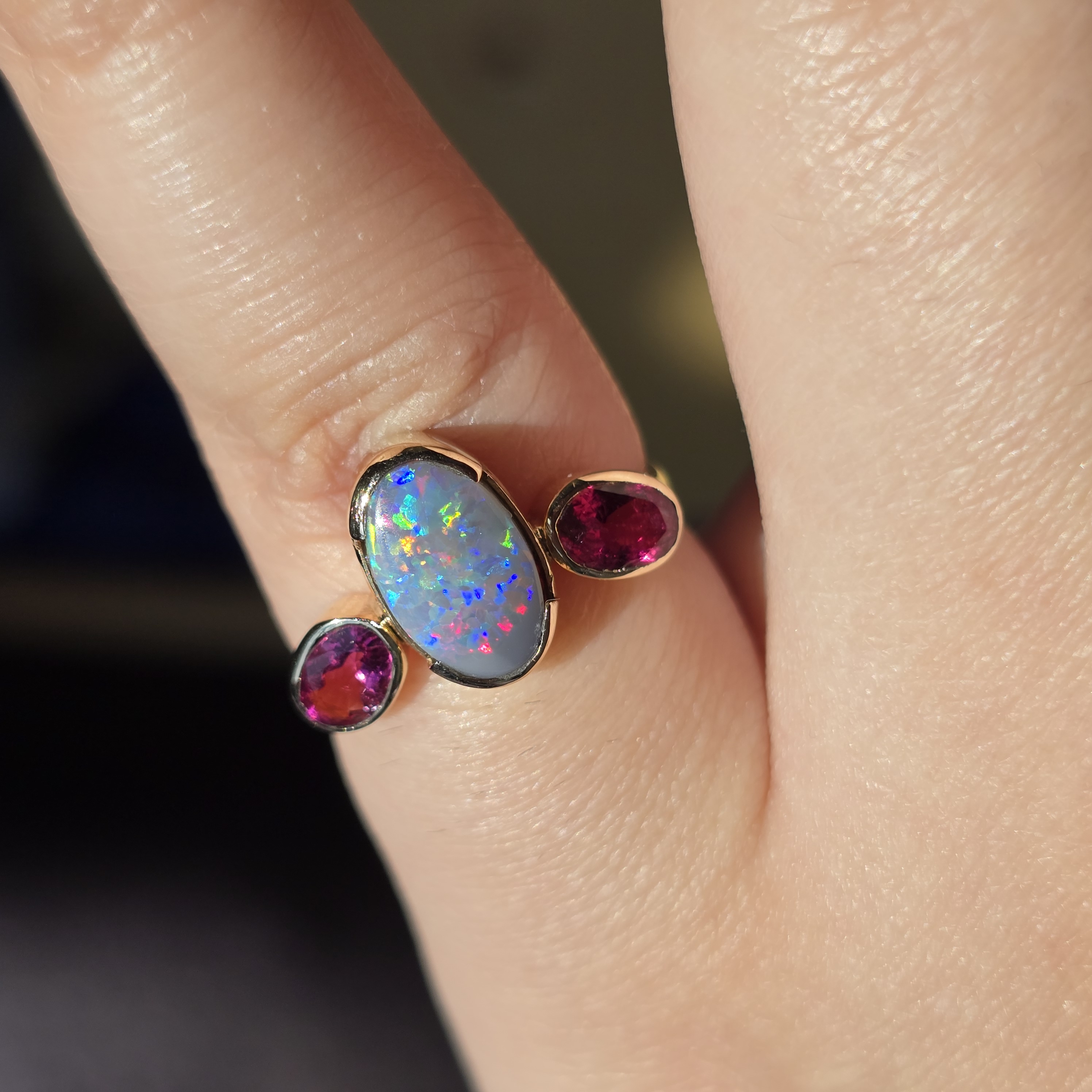 Goddess - Solid 10k Gold Natural Australian Dark Opal Ring, Pink Sapphire & Tourmaline, Size 7 thumbnail 12