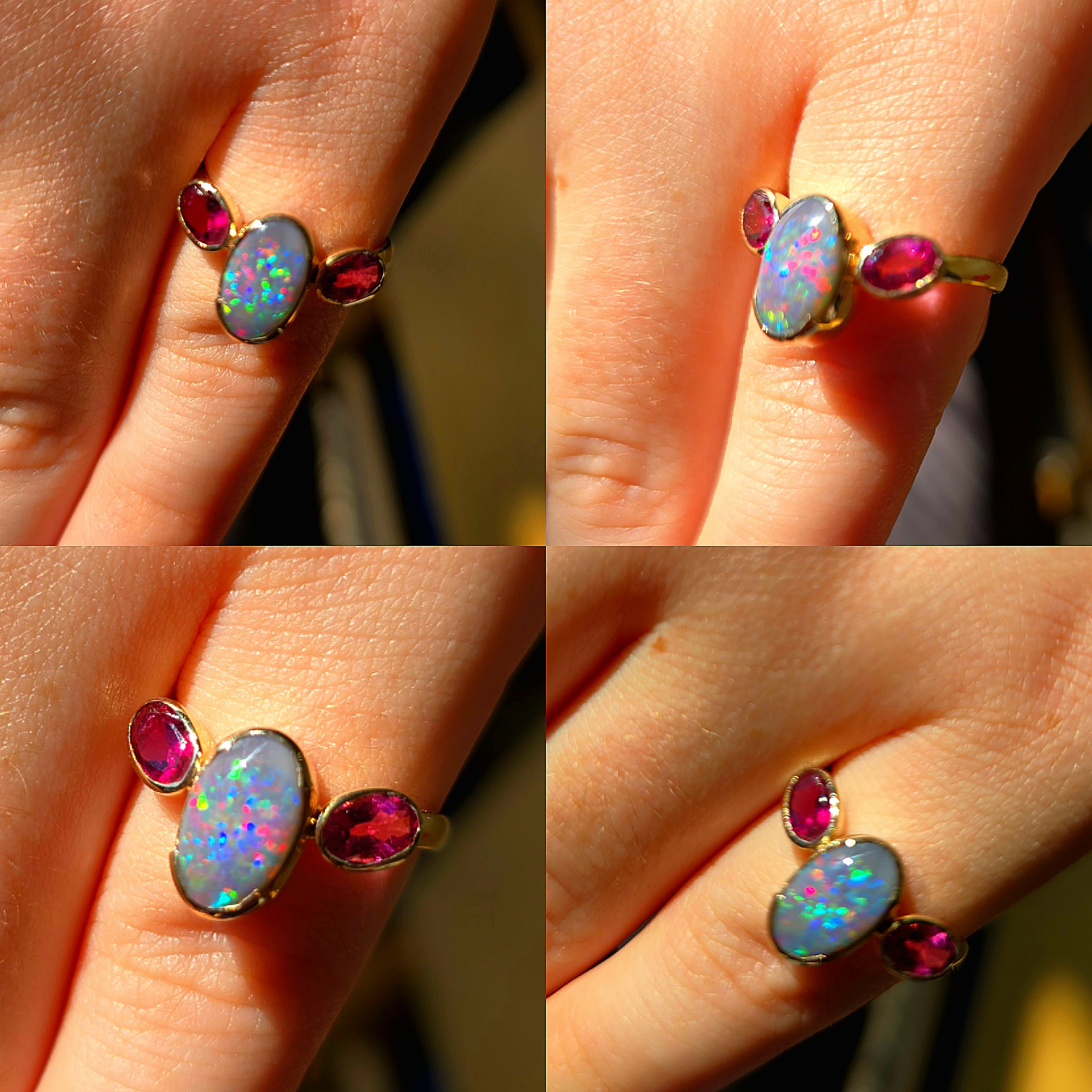 Goddess - Solid 10k Gold Natural Australian Dark Opal Ring, Pink Sapphire & Tourmaline, Size 7 thumbnail 6