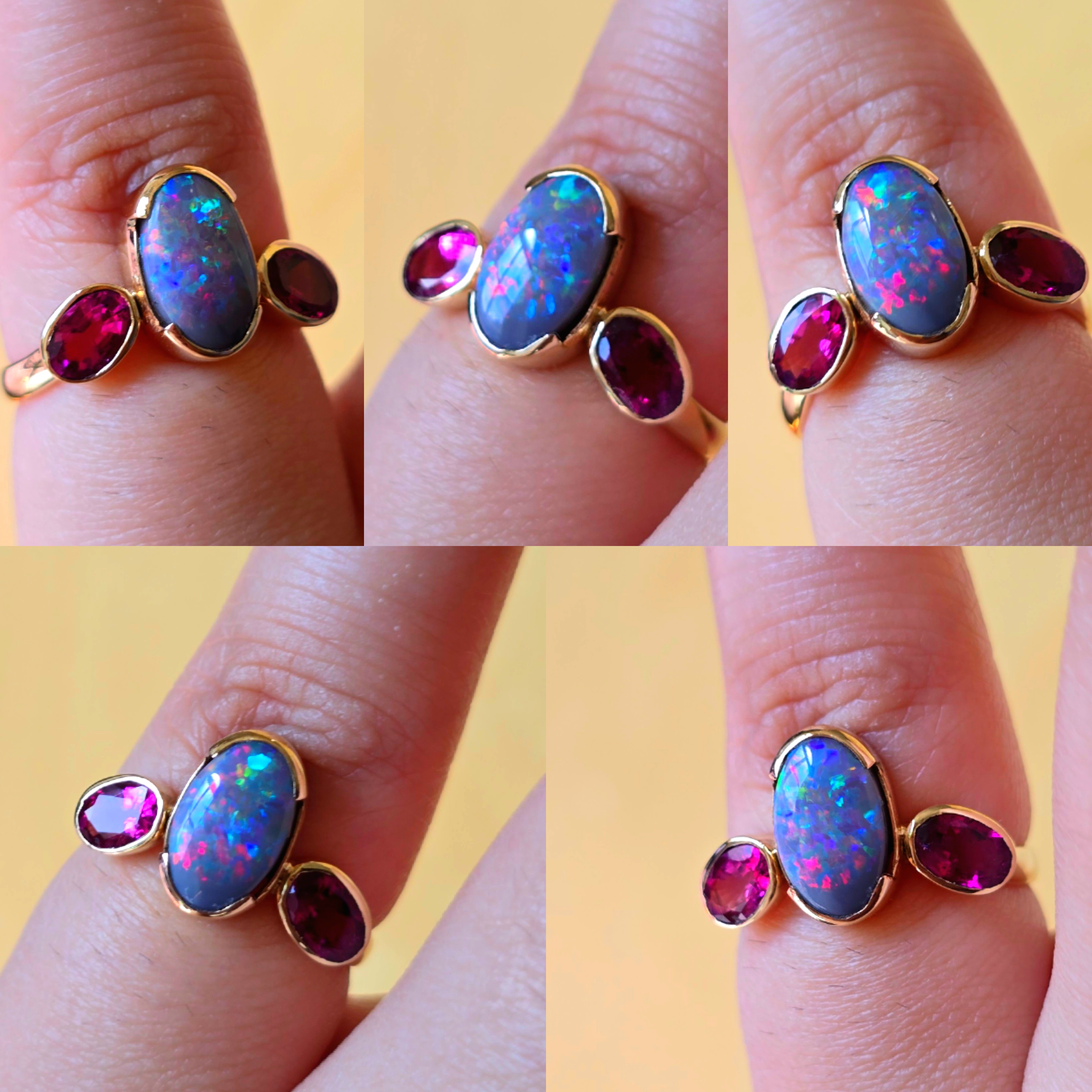 Goddess - Solid 10k Gold Natural Australian Dark Opal Ring, Pink Sapphire & Tourmaline, Size 7 thumbnail 11