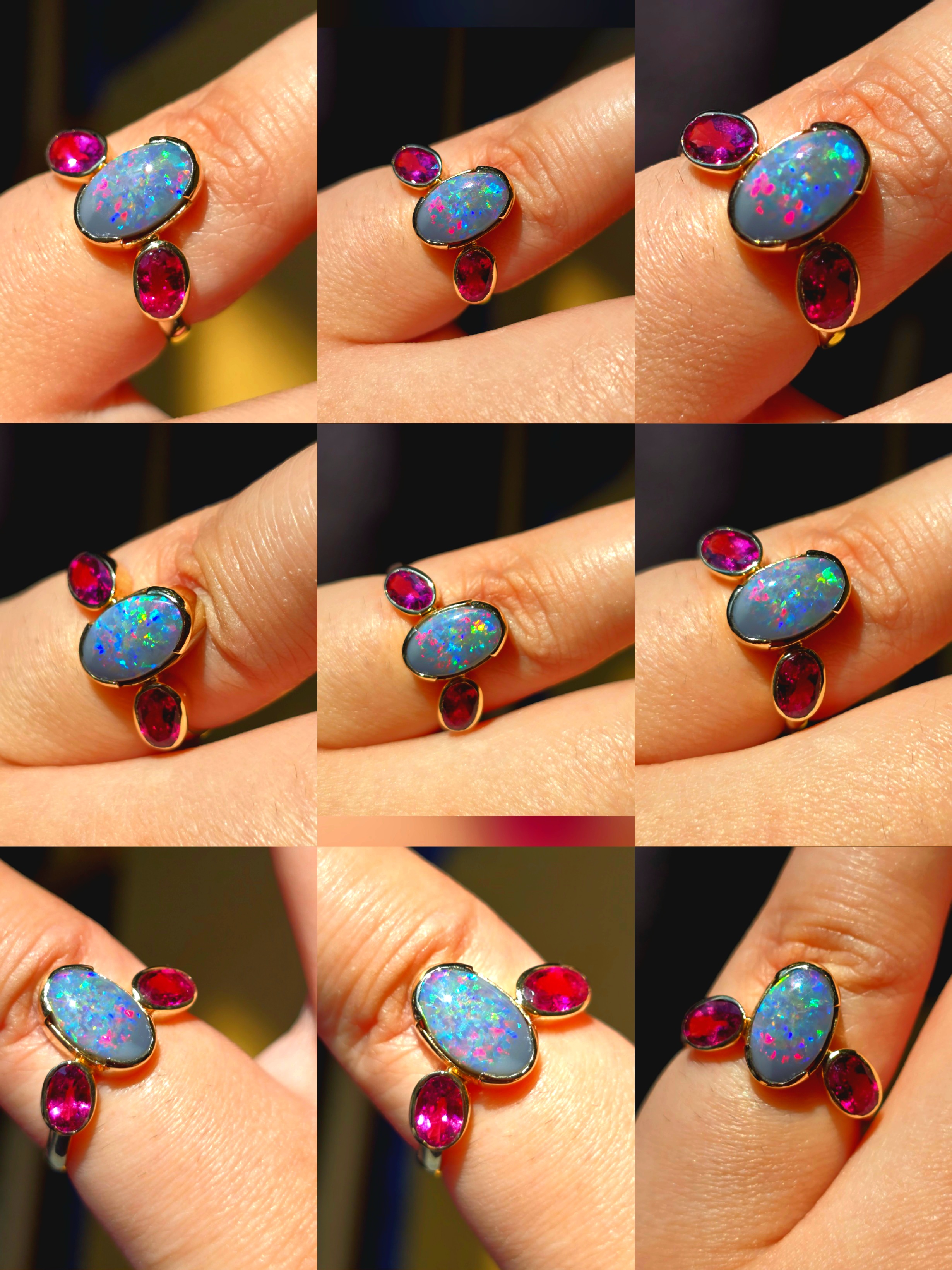 Goddess - Solid 10k Gold Natural Australian Dark Opal Ring, Pink Sapphire & Tourmaline, Size 7 thumbnail 8