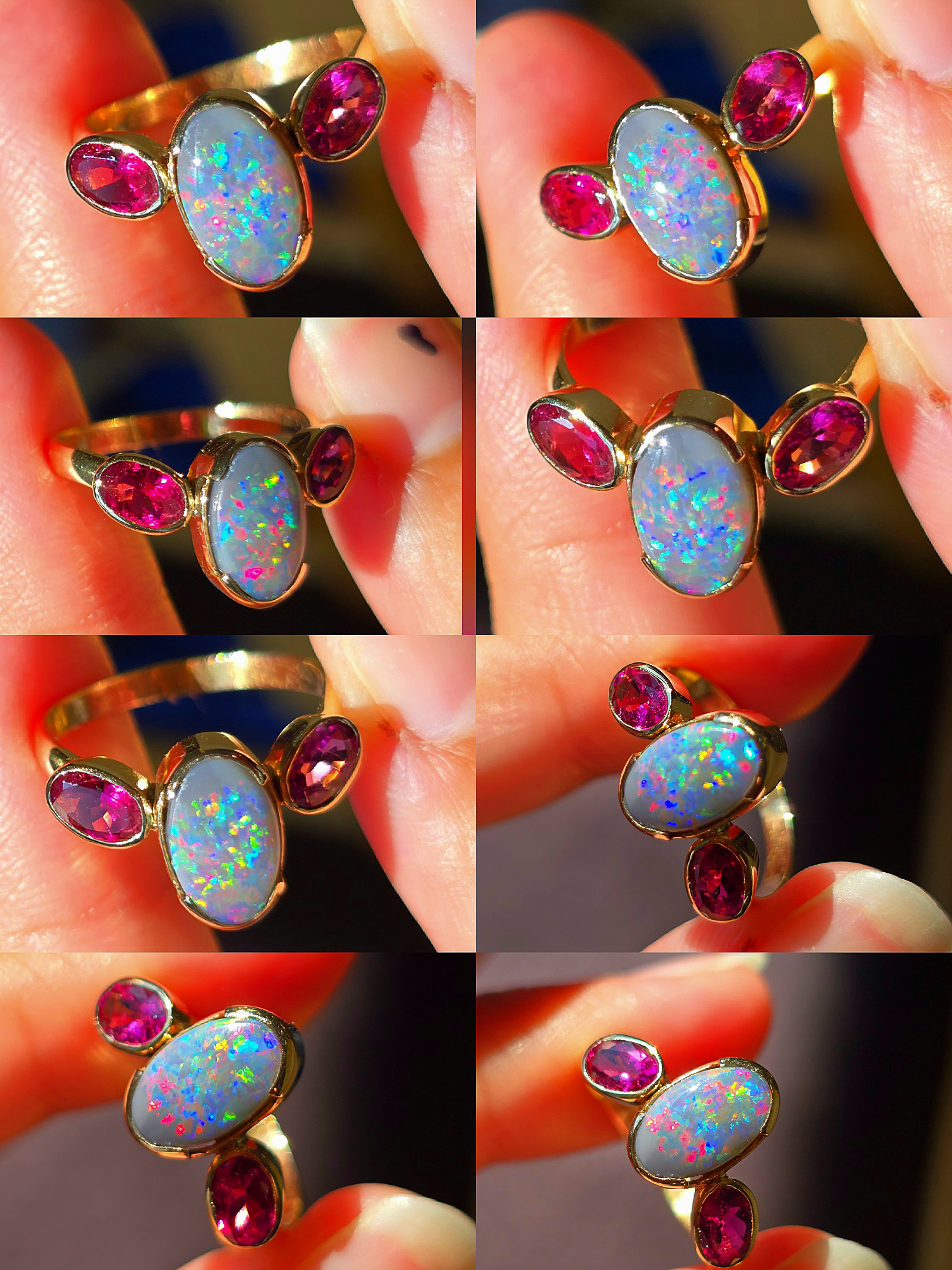 Goddess - Solid 10k Gold Natural Australian Dark Opal Ring, Pink Sapphire & Tourmaline, Size 7 thumbnail 9