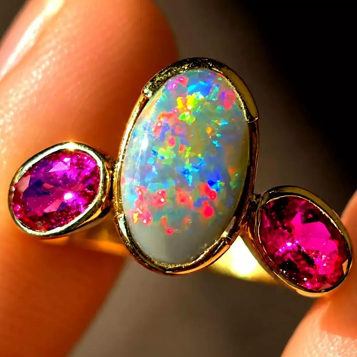 Goddess - Solid 10k Gold Natural Australian Dark Opal Ring, Pink Sapphire & Tourmaline, Size 7