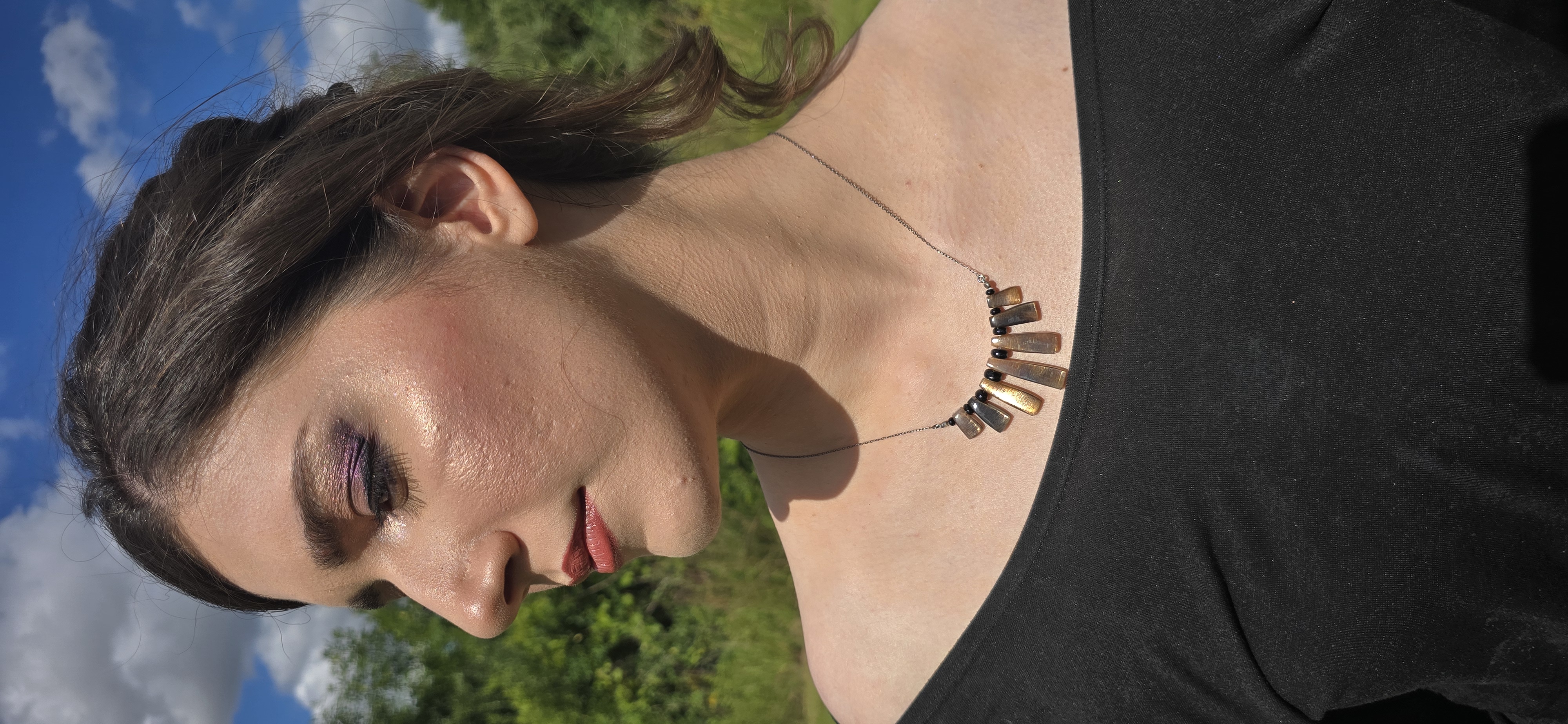 Rainbow Sunstone Lattice Pendant Beaded Onyx 925 Silver Choker  thumbnail 4