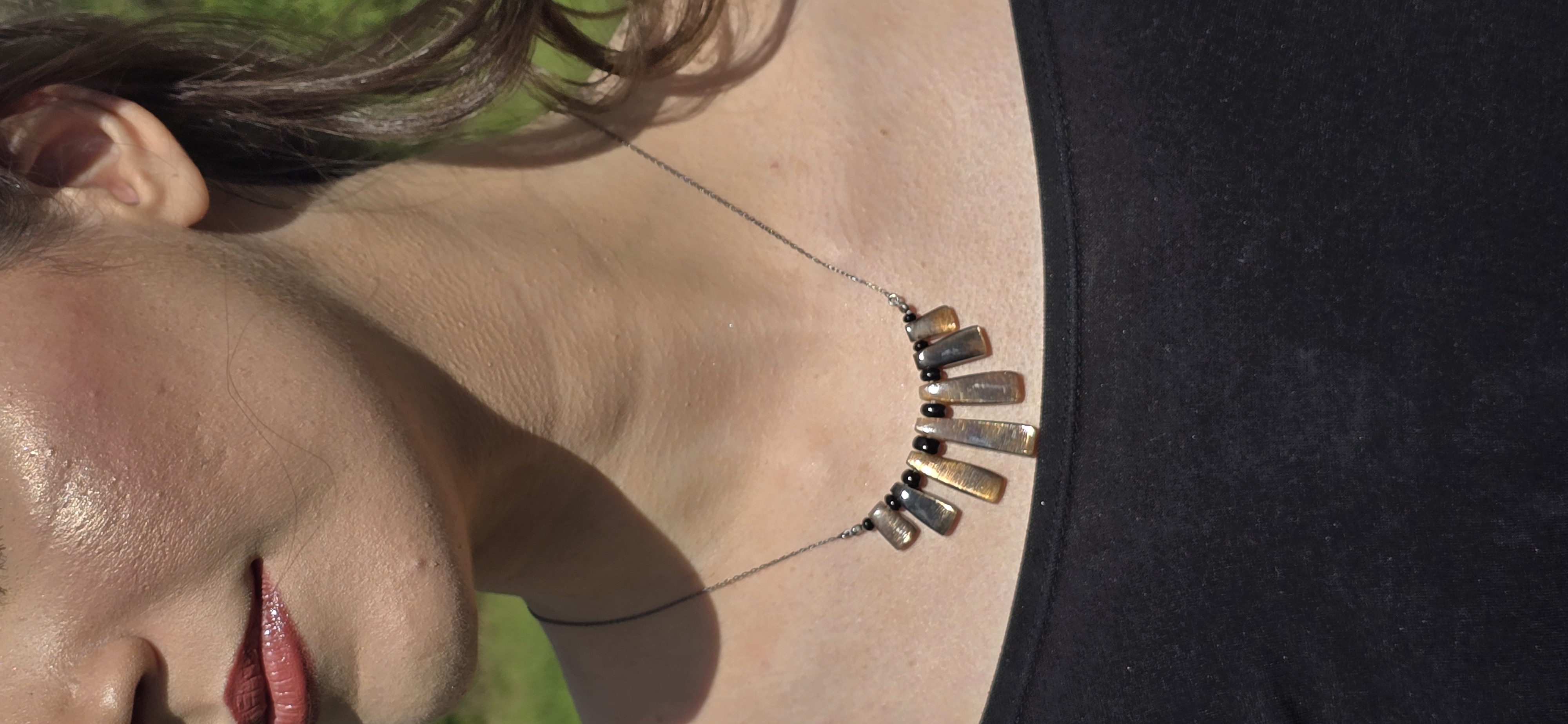 Rainbow Sunstone Lattice Pendant Beaded Onyx 925 Silver Choker  thumbnail 9