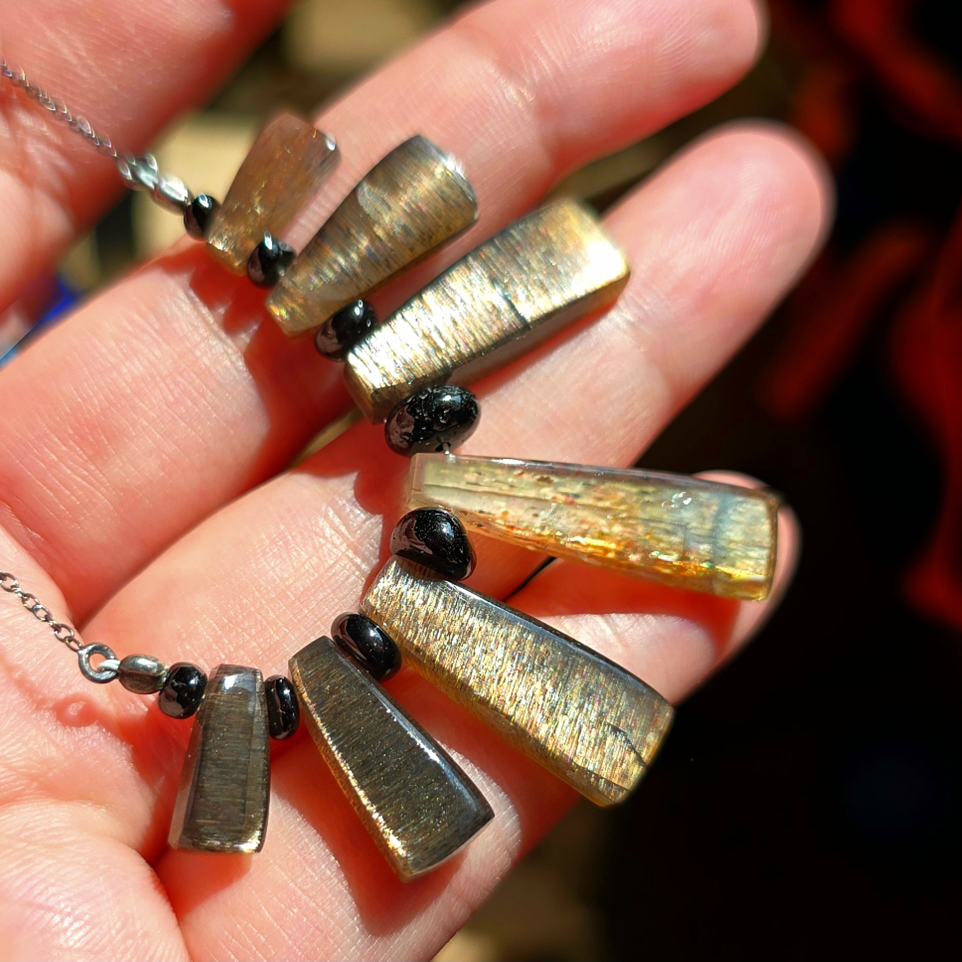 Rainbow Sunstone Lattice Pendant Beaded Onyx 925 Silver Choker 