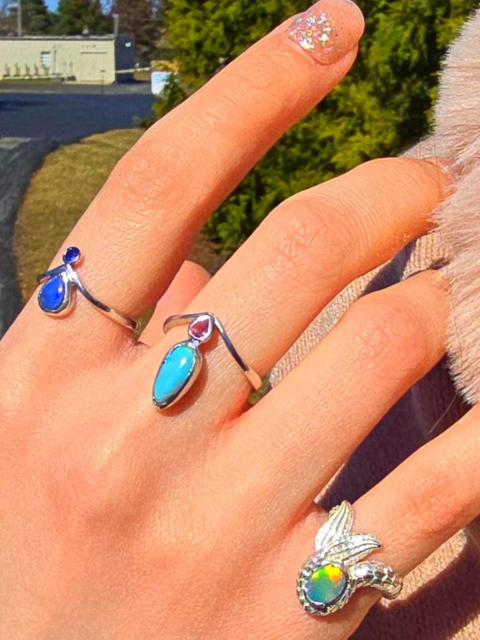MOODYBAE- Natural Black Australian Opal Ring  Sapphire, 925 Sterling Silver, Size 6.5  thumbnail 11