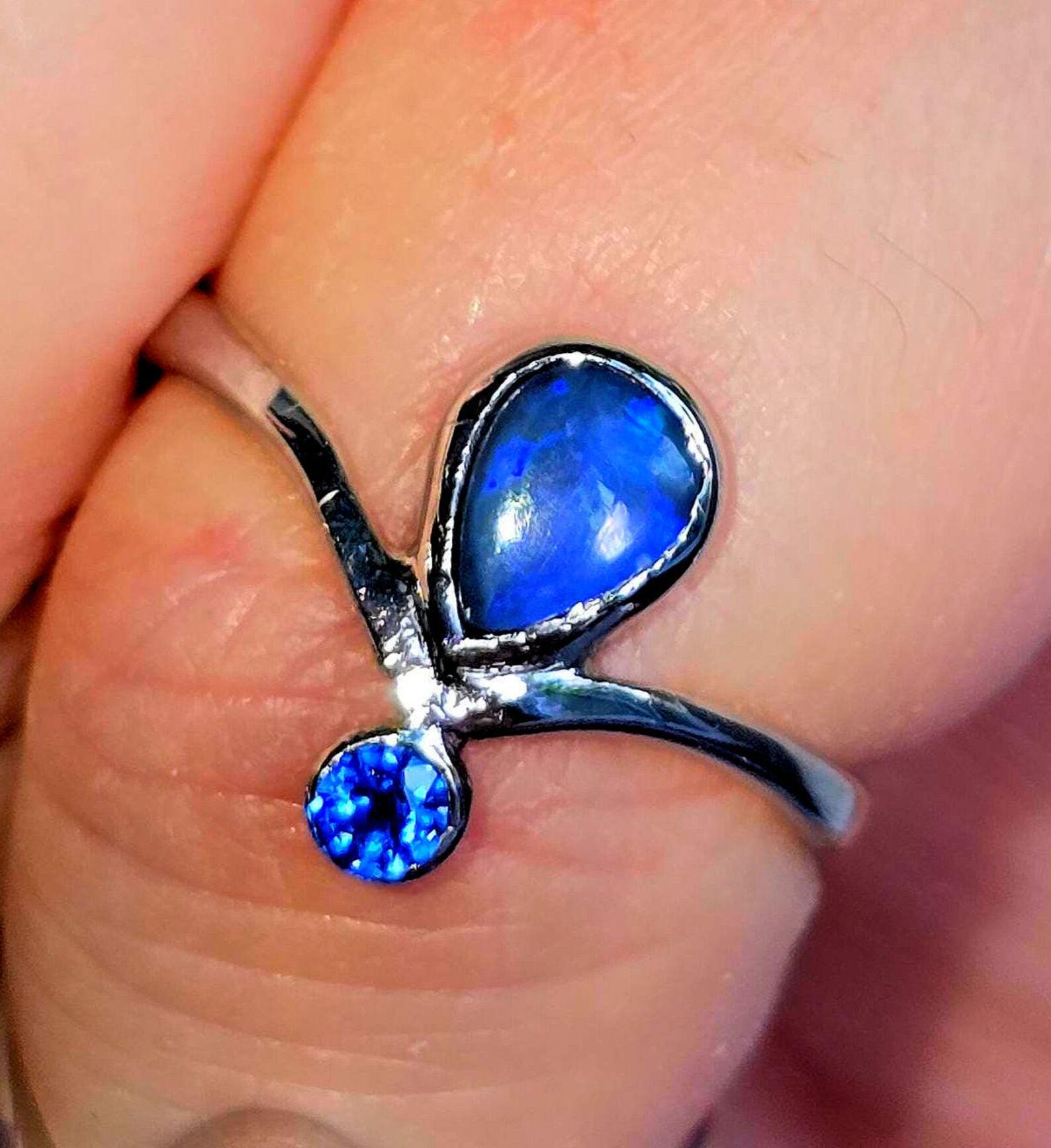 MOODYBAE- Natural Black Australian Opal Ring  Sapphire, 925 Sterling Silver, Size 6.5  thumbnail 13