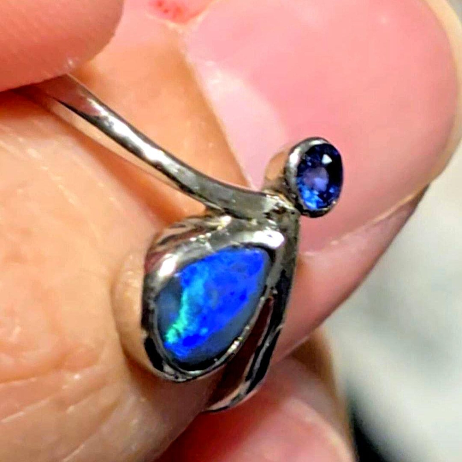 MOODYBAE- Natural Black Australian Opal Ring  Sapphire, 925 Sterling Silver, Size 6.5  thumbnail 15