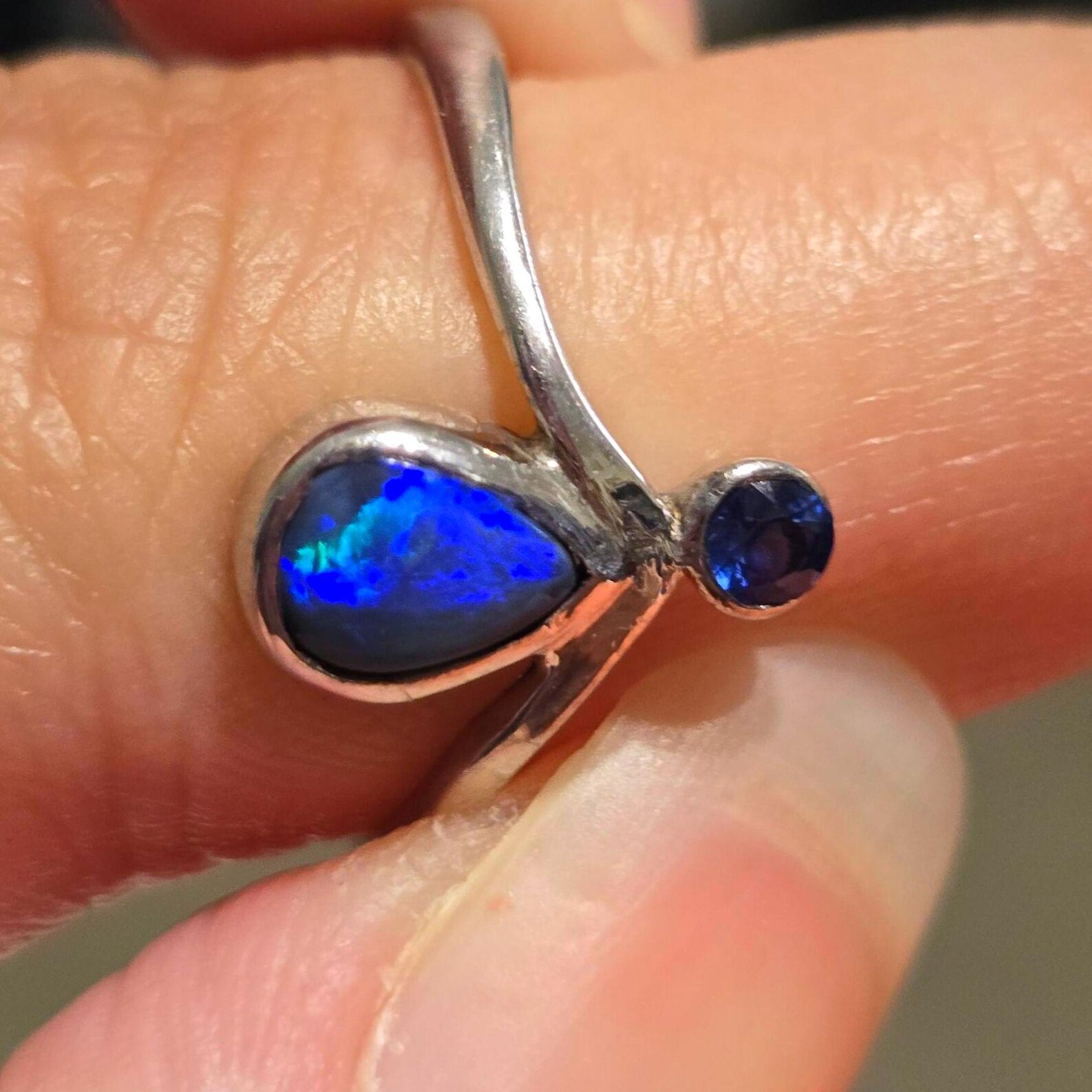 MOODYBAE- Natural Black Australian Opal Ring  Sapphire, 925 Sterling Silver, Size 6.5  thumbnail 17