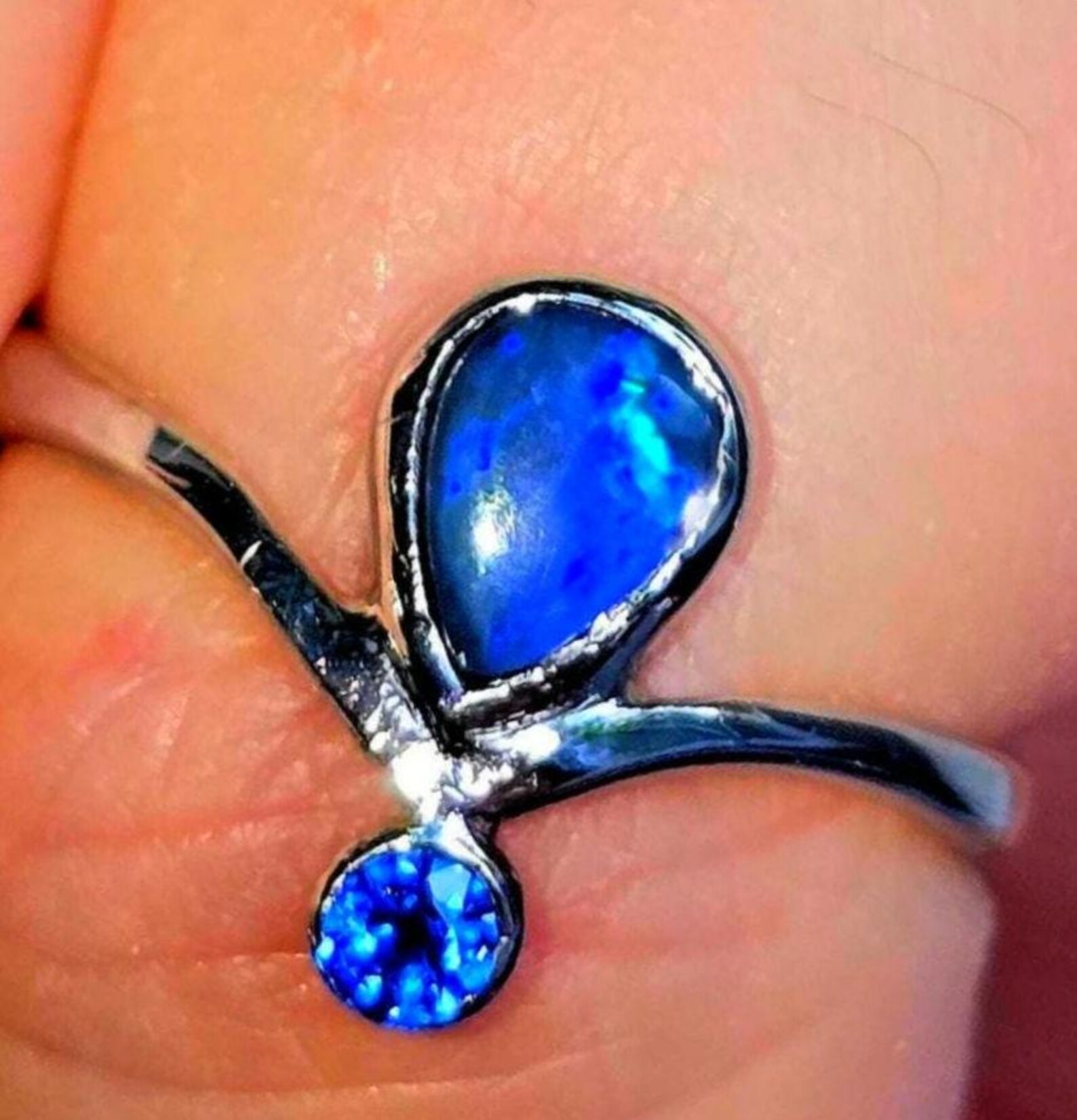 MOODYBAE- Natural Black Australian Opal Ring  Sapphire, 925 Sterling Silver, Size 6.5  thumbnail 7