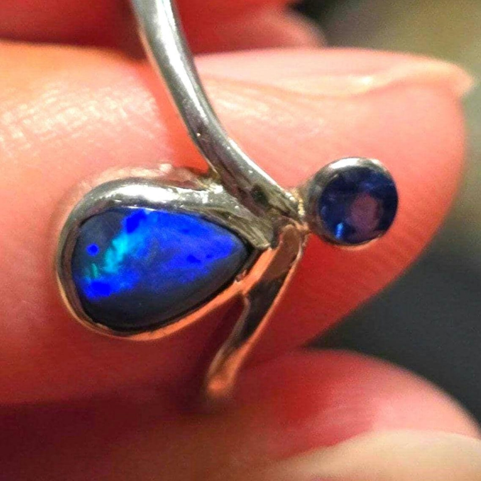 MOODYBAE- Natural Black Australian Opal Ring  Sapphire, 925 Sterling Silver, Size 6.5  thumbnail 9