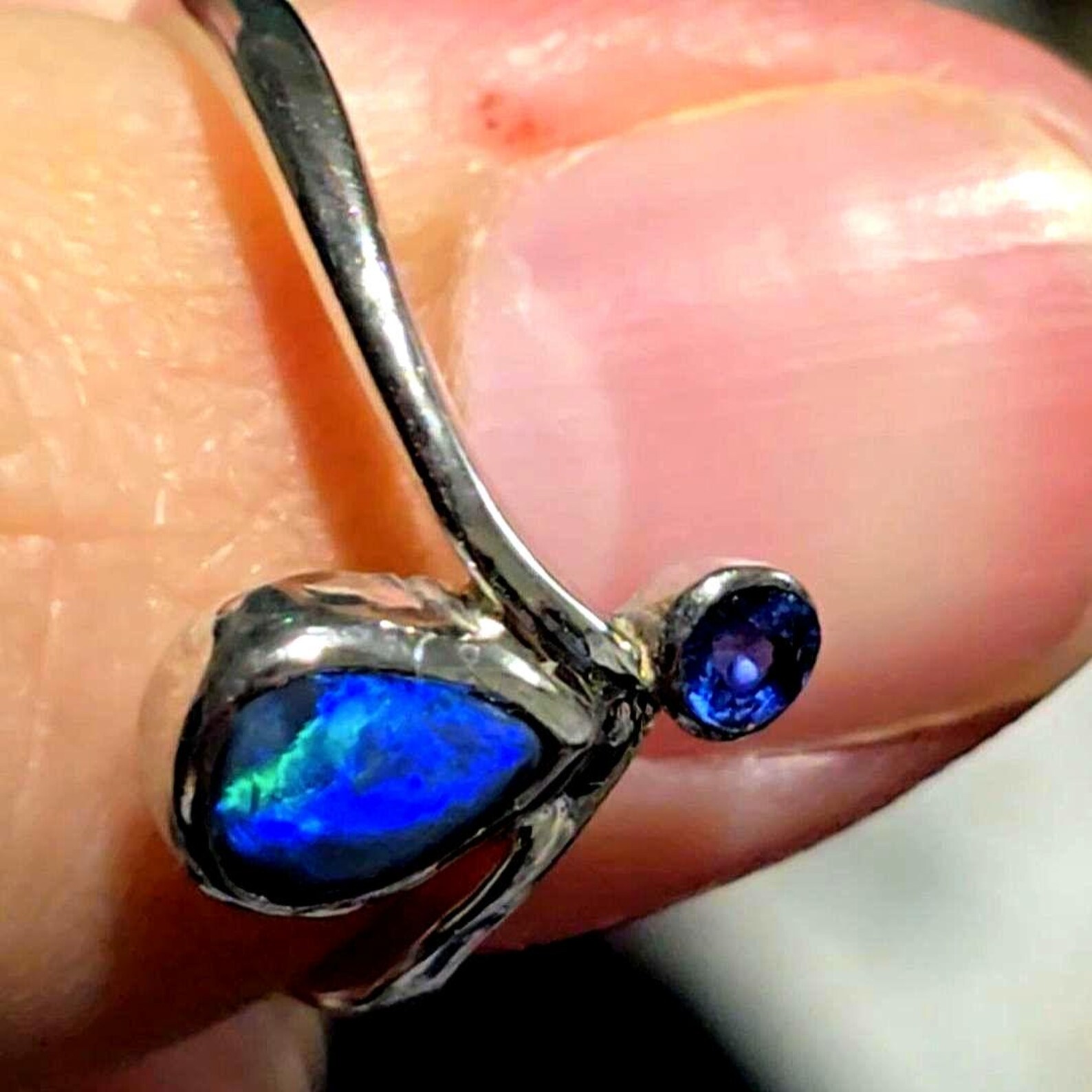 MOODYBAE- Natural Black Australian Opal Ring  Sapphire, 925 Sterling Silver, Size 6.5  thumbnail 5