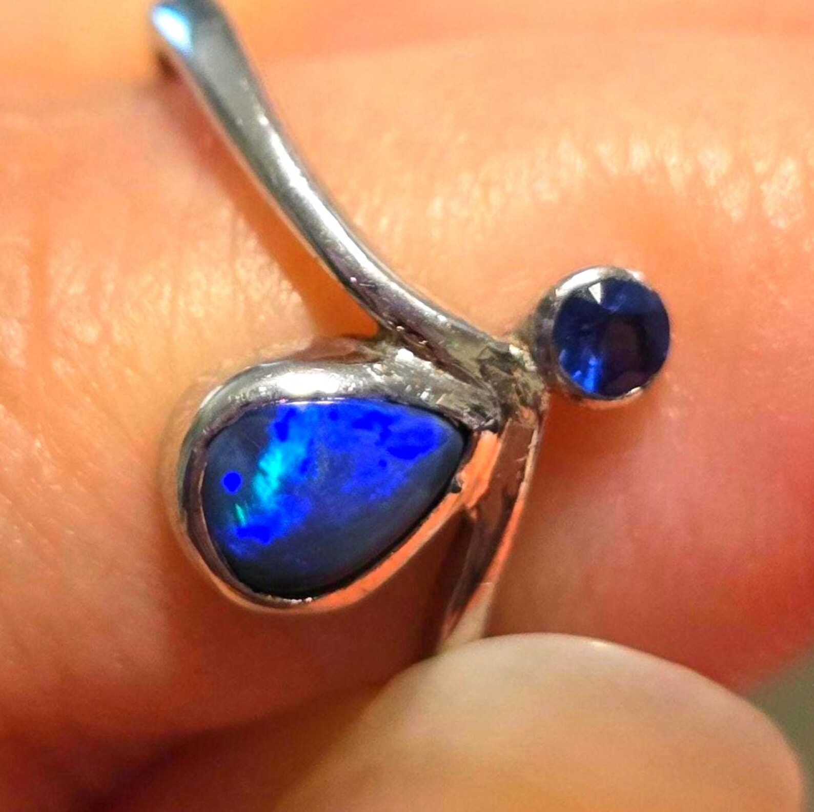 MOODYBAE- Natural Black Australian Opal Ring  Sapphire, 925 Sterling Silver, Size 6.5  thumbnail 4