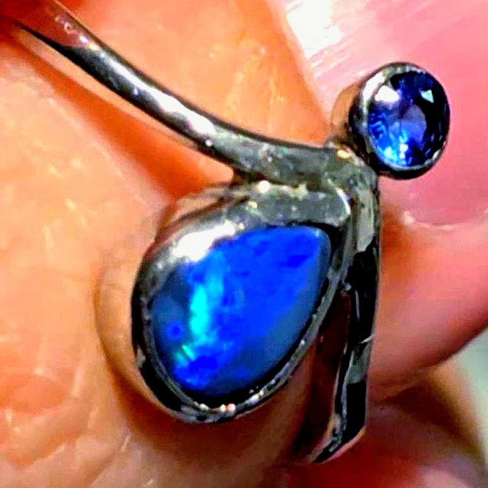 MOODYBAE- Natural Black Australian Opal Ring  Sapphire, 925 Sterling Silver, Size 6.5 