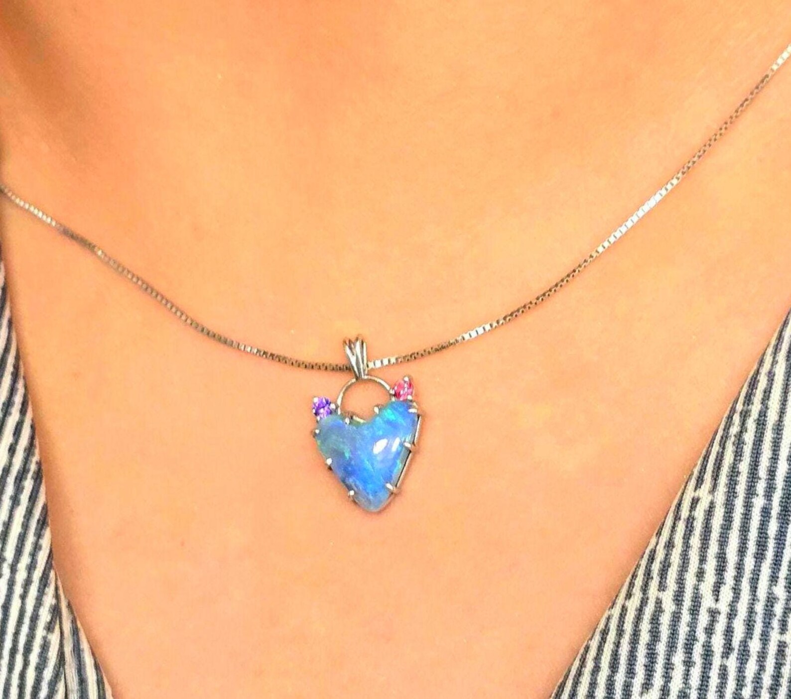 Natural Australian Opal Heart Necklace, Sapphire 925 Silver Blue Opal Pendant thumbnail 17