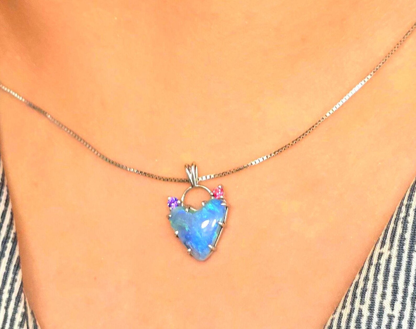 Natural Australian Opal Heart Necklace, Sapphire 925 Silver Blue Opal Pendant thumbnail 15