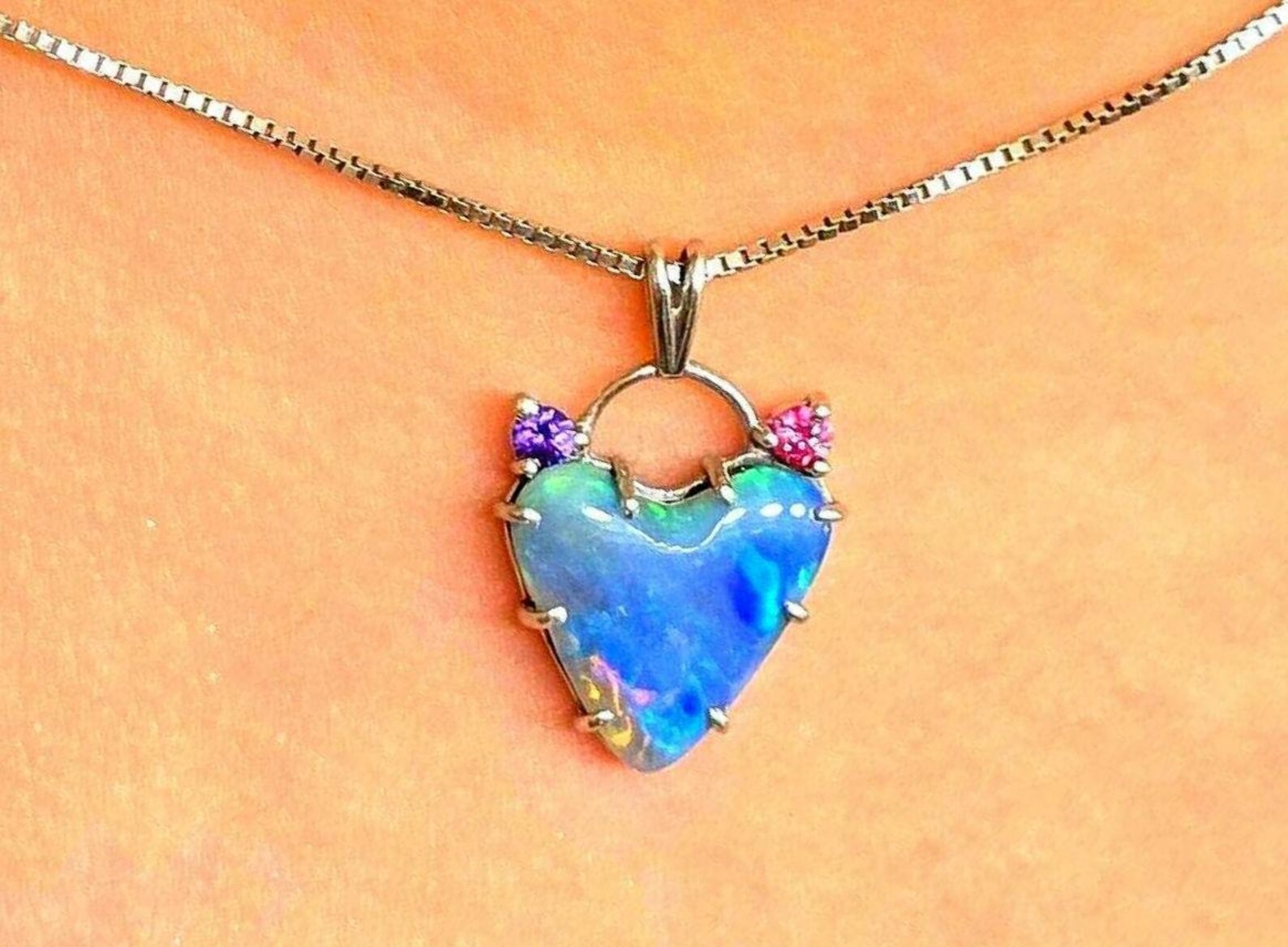 Natural Australian Opal Heart Necklace, Sapphire 925 Silver Blue Opal Pendant thumbnail 9